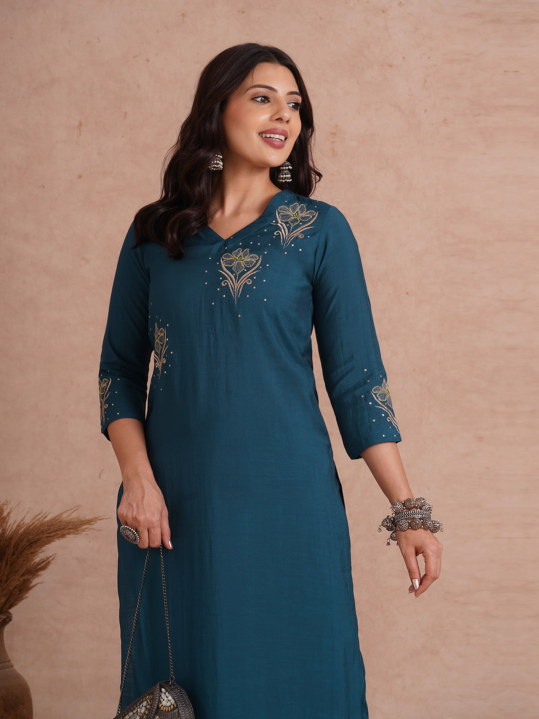 Party Edit- Straight fit kurta set with placement embroidery and handwork paired with lined pants.
