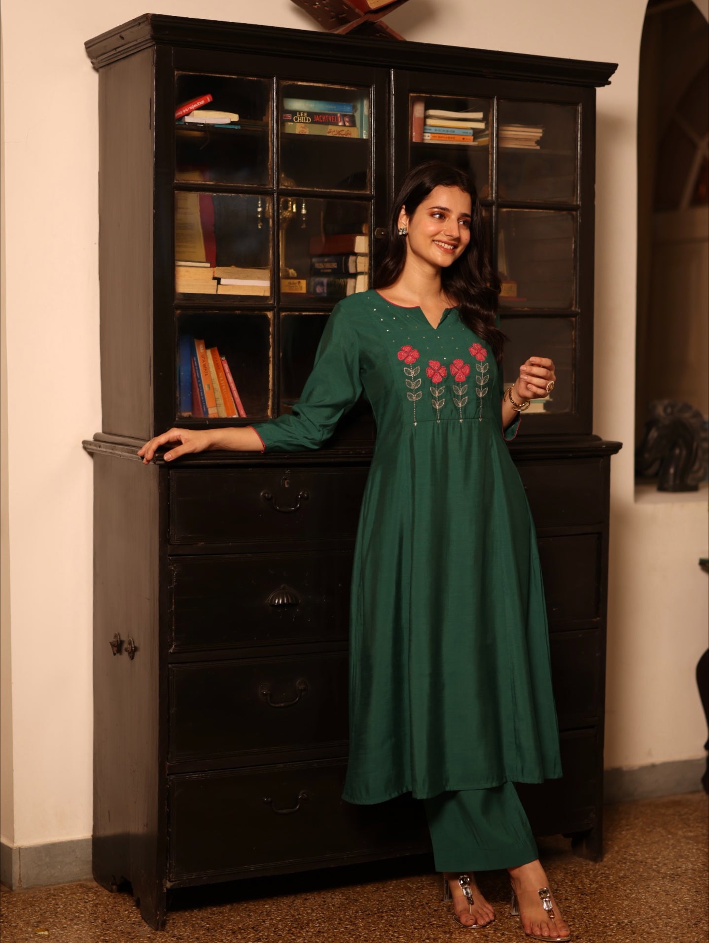 Party Edit- A-line kurta with machine applique and embroidery on the yoke and sleeves.