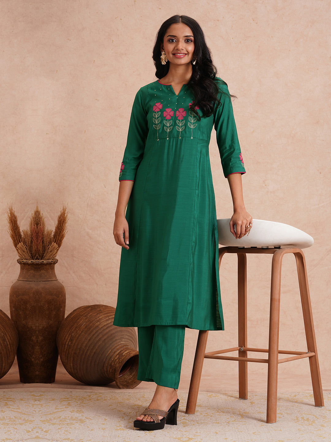 Party Edit- A-line kurta set with machine applique and embroidery paired with lined palazzos.