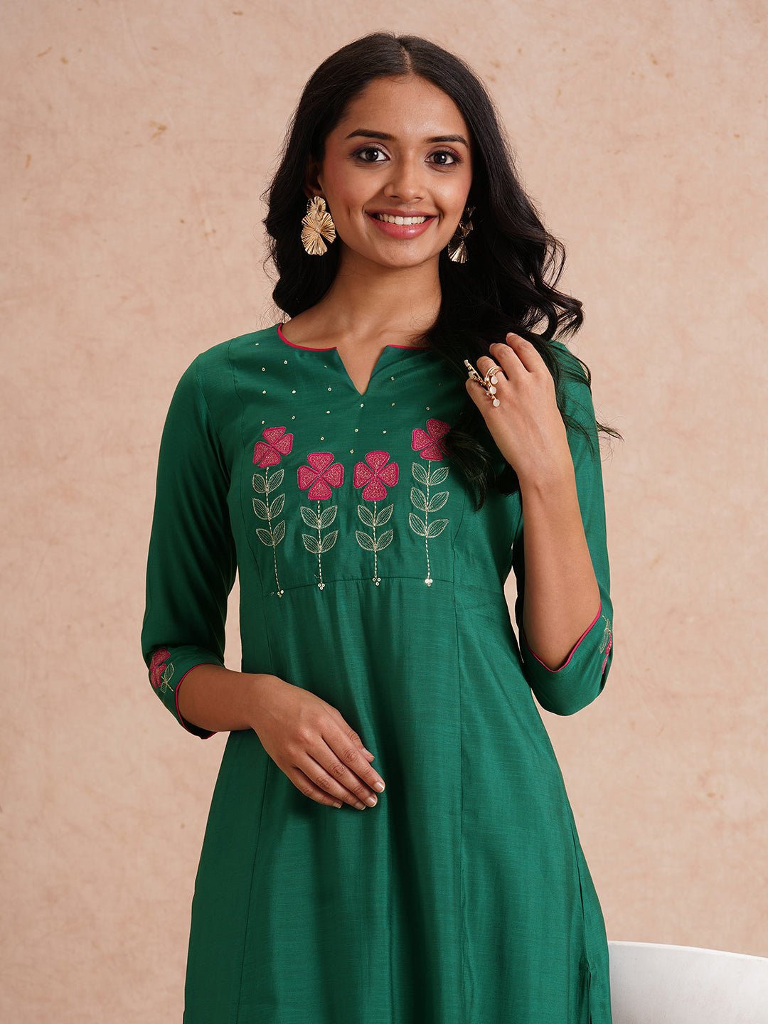 Party Edit- A-line kurta set with machine applique and embroidery paired with lined palazzos.