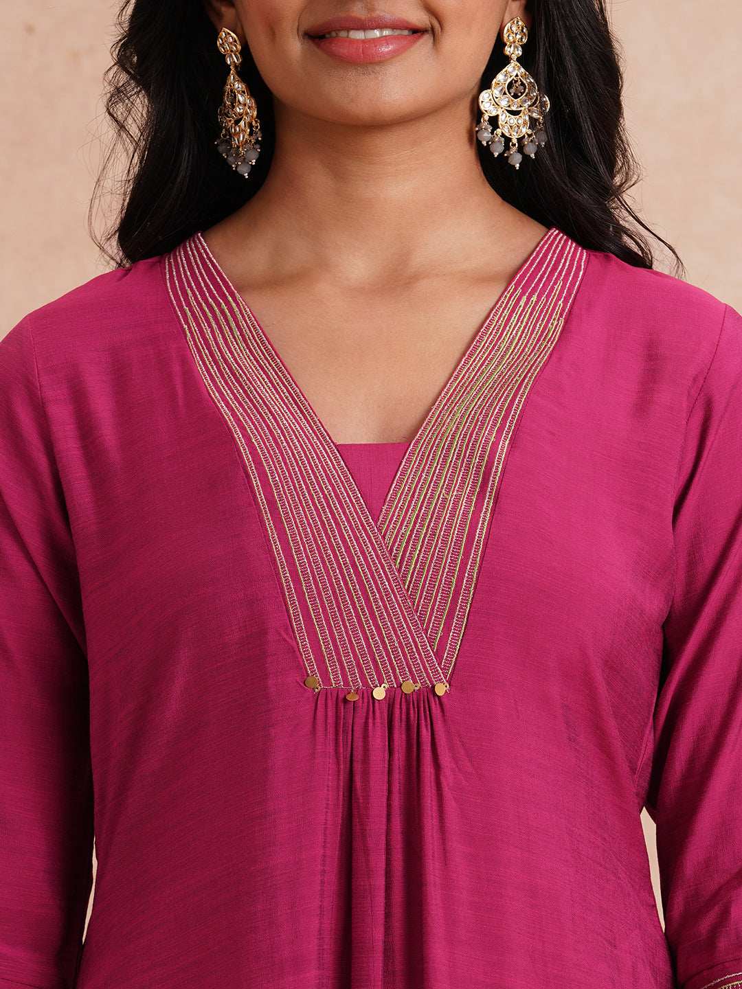 Party Edit- Flared kurta set with embroidered neck and cuff paired with palazzo.