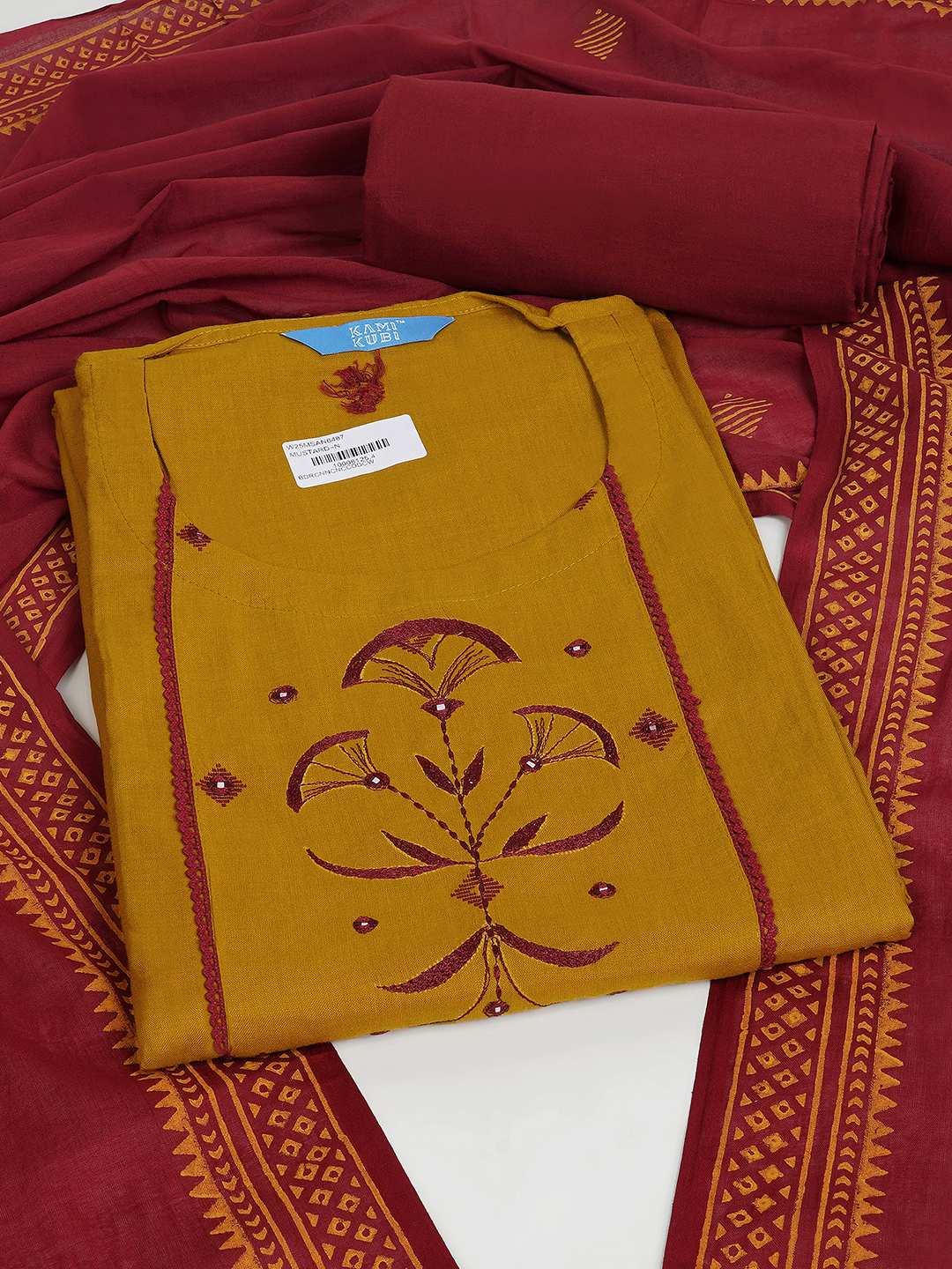 3-piece kurta set featuring a dobby kurta adorned with delicate embroidery and lace detailing.(Yellow)