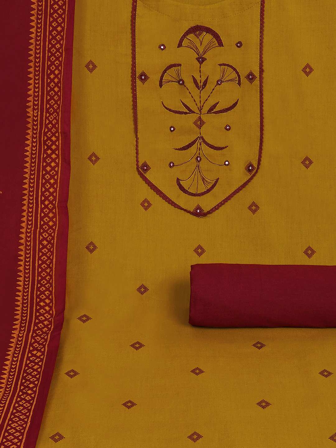 3-piece kurta set featuring a dobby kurta adorned with delicate embroidery and lace detailing.(Yellow)