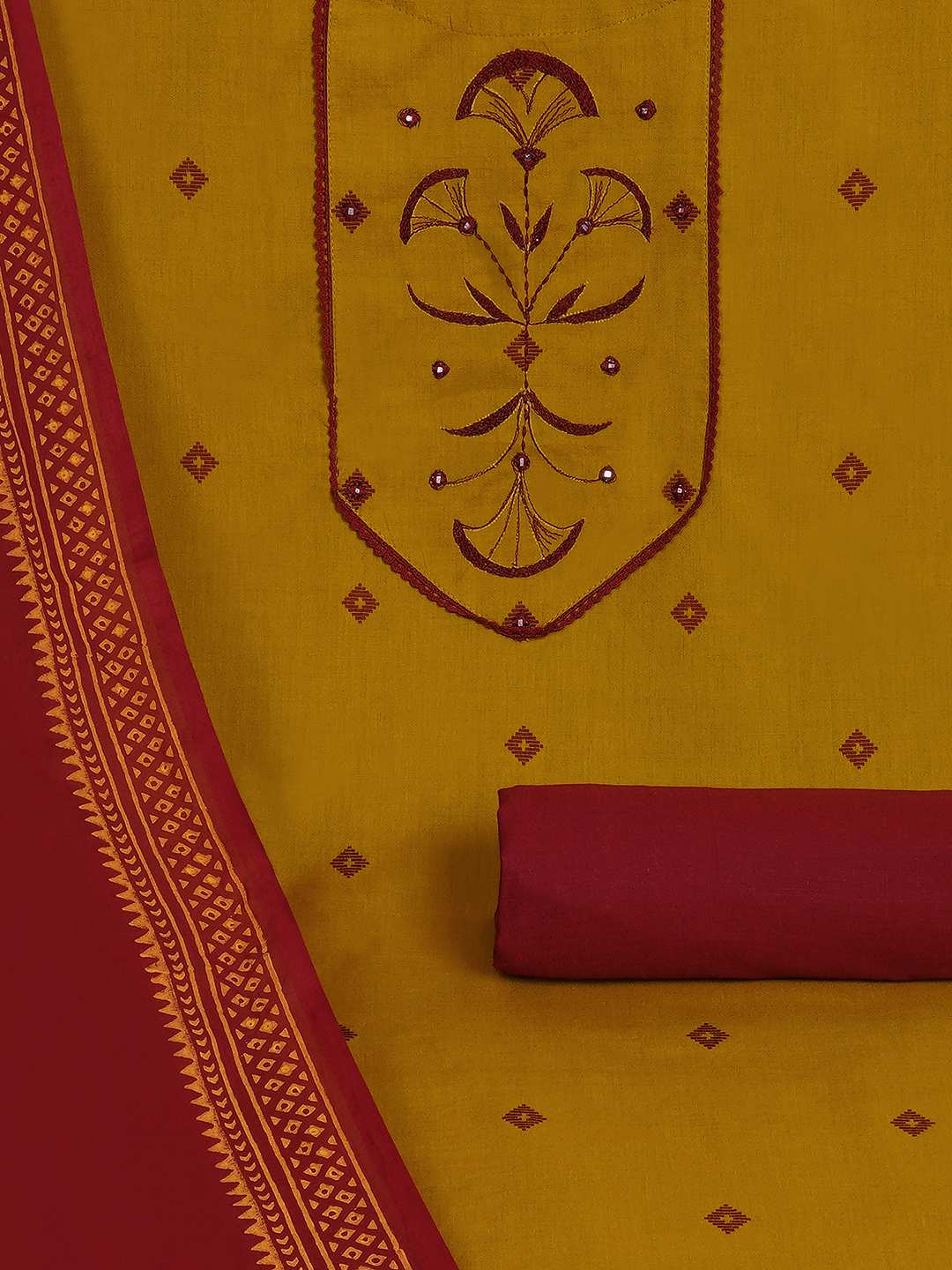 3-piece kurta set featuring a dobby kurta adorned with delicate embroidery and lace detailing.(Yellow)