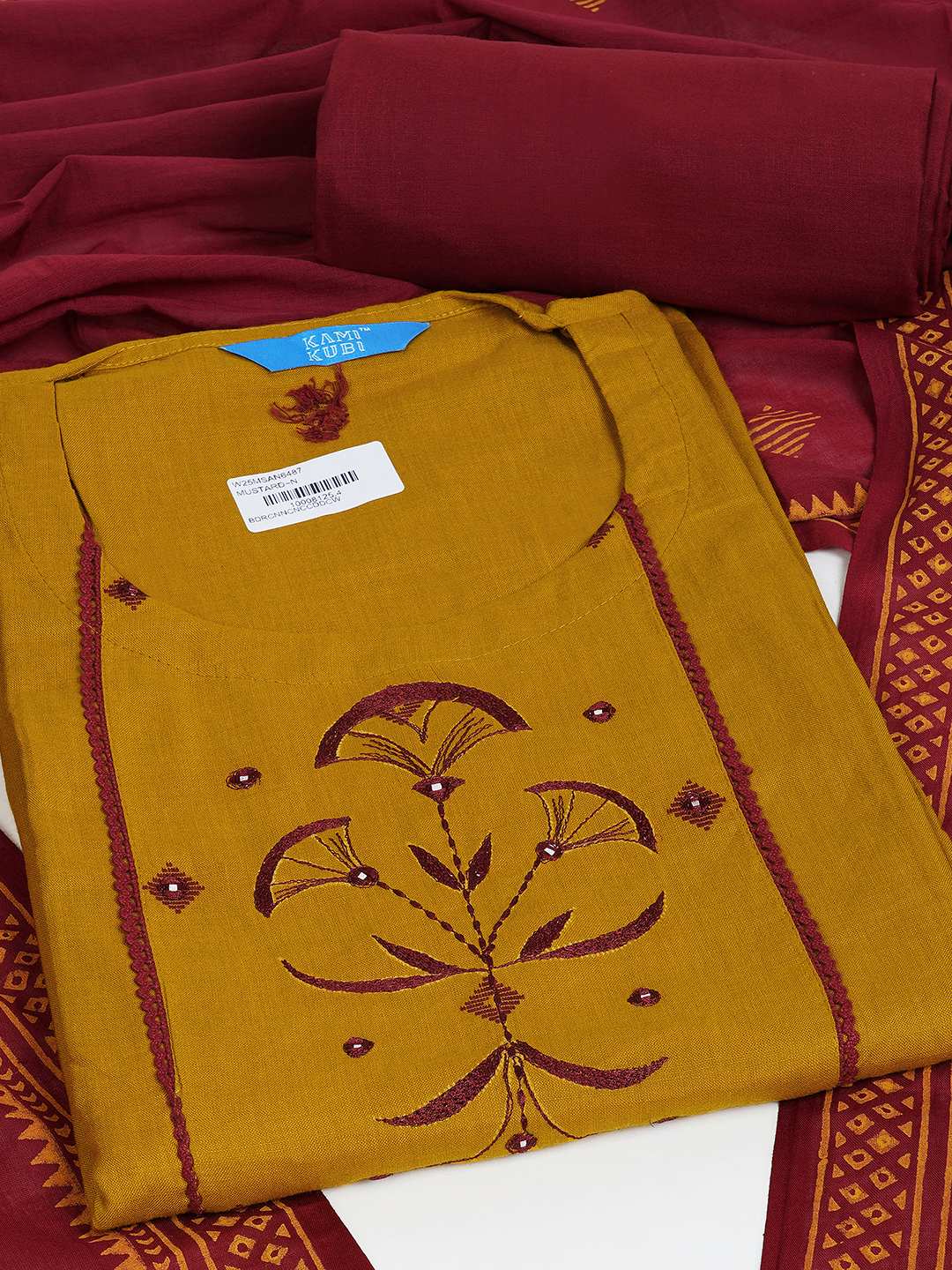3-piece kurta set featuring a dobby kurta adorned with delicate embroidery and lace detailing.(Yellow)