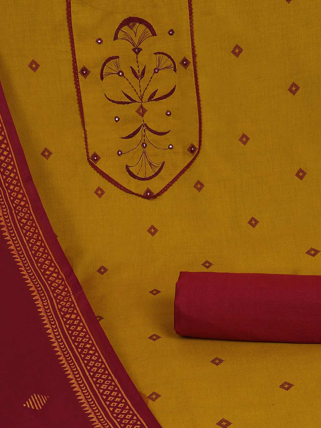 3-piece kurta set featuring a dobby kurta adorned with delicate embroidery and lace detailing.(Yellow)