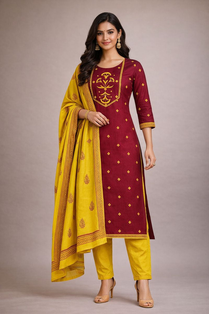 3-piece kurta set featuring a dobby kurta adorned with delicate embroidery and lace detailing.(Red)