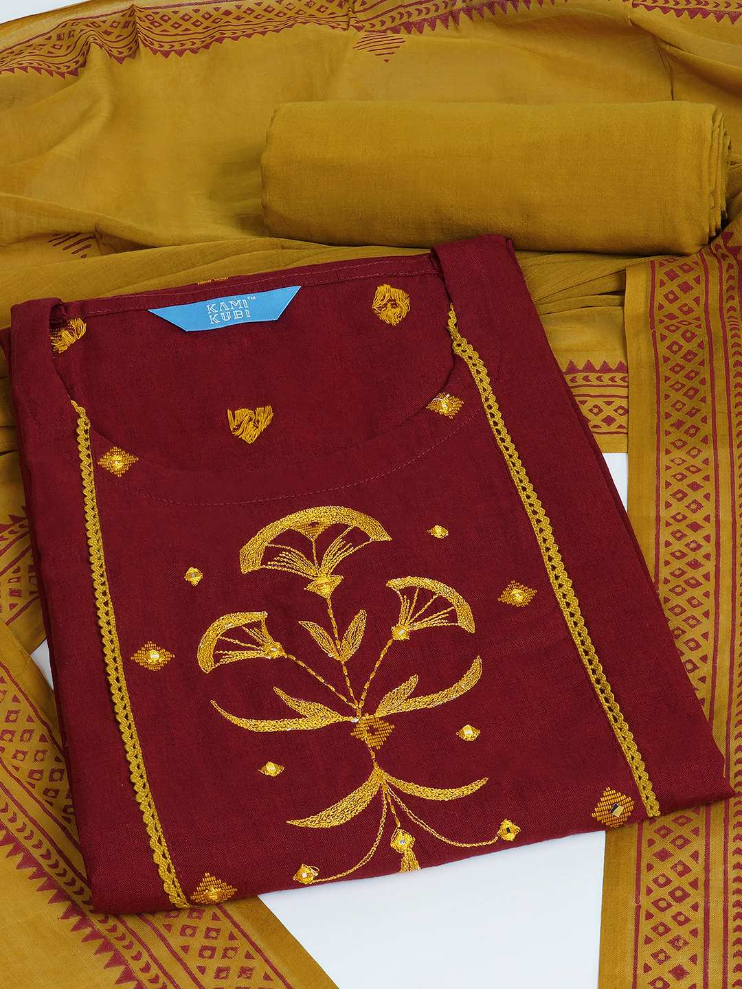 3-piece kurta set featuring a dobby kurta adorned with delicate embroidery and lace detailing.(Red)