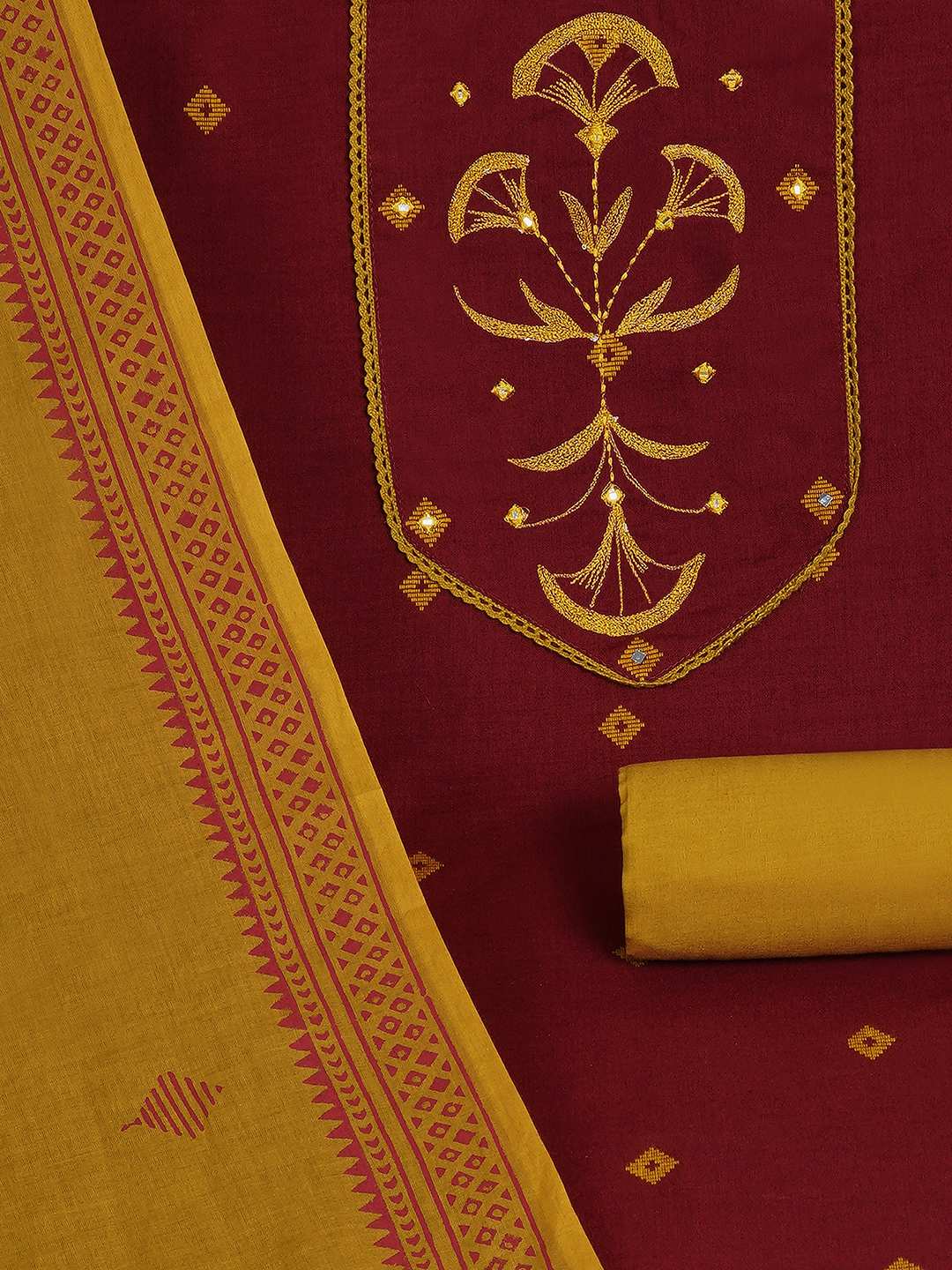 3-piece kurta set featuring a dobby kurta adorned with delicate embroidery and lace detailing.(Red)