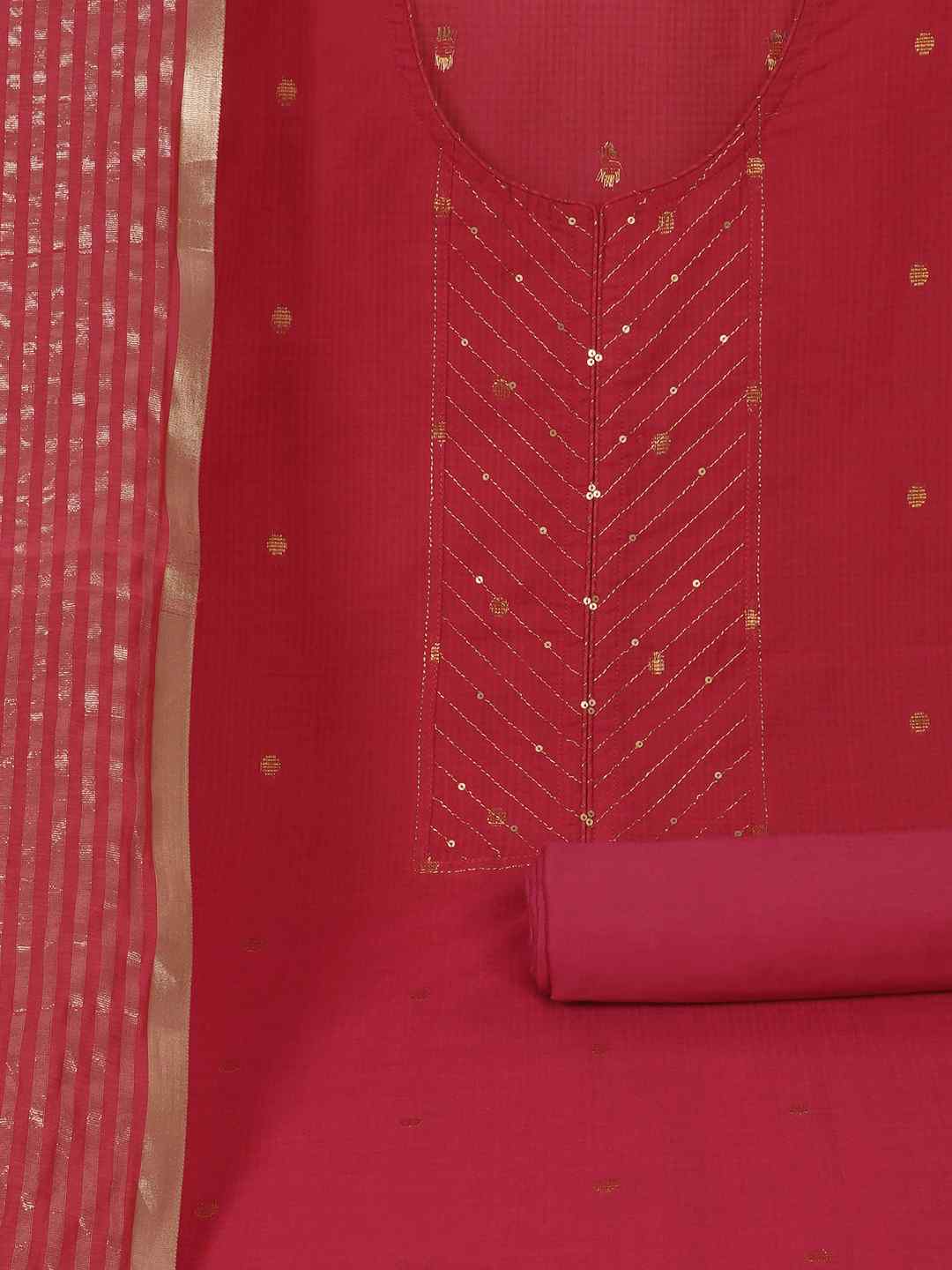 Cotton Dobby Dress Material with delicate zari butti motifs and zari stitch yoke.(Pink)