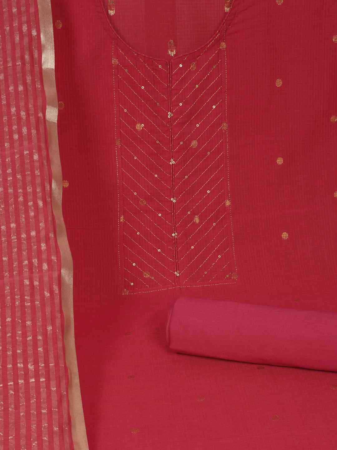 Cotton Dobby Dress Material with delicate zari butti motifs and zari stitch yoke.(Pink)