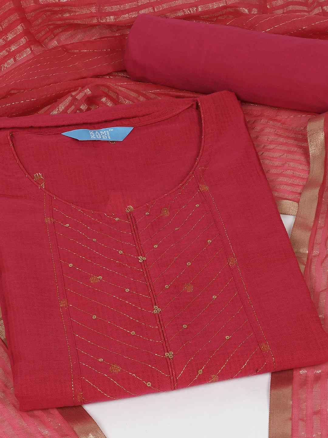 Cotton Dobby Dress Material with delicate zari butti motifs and zari stitch yoke.(Pink)