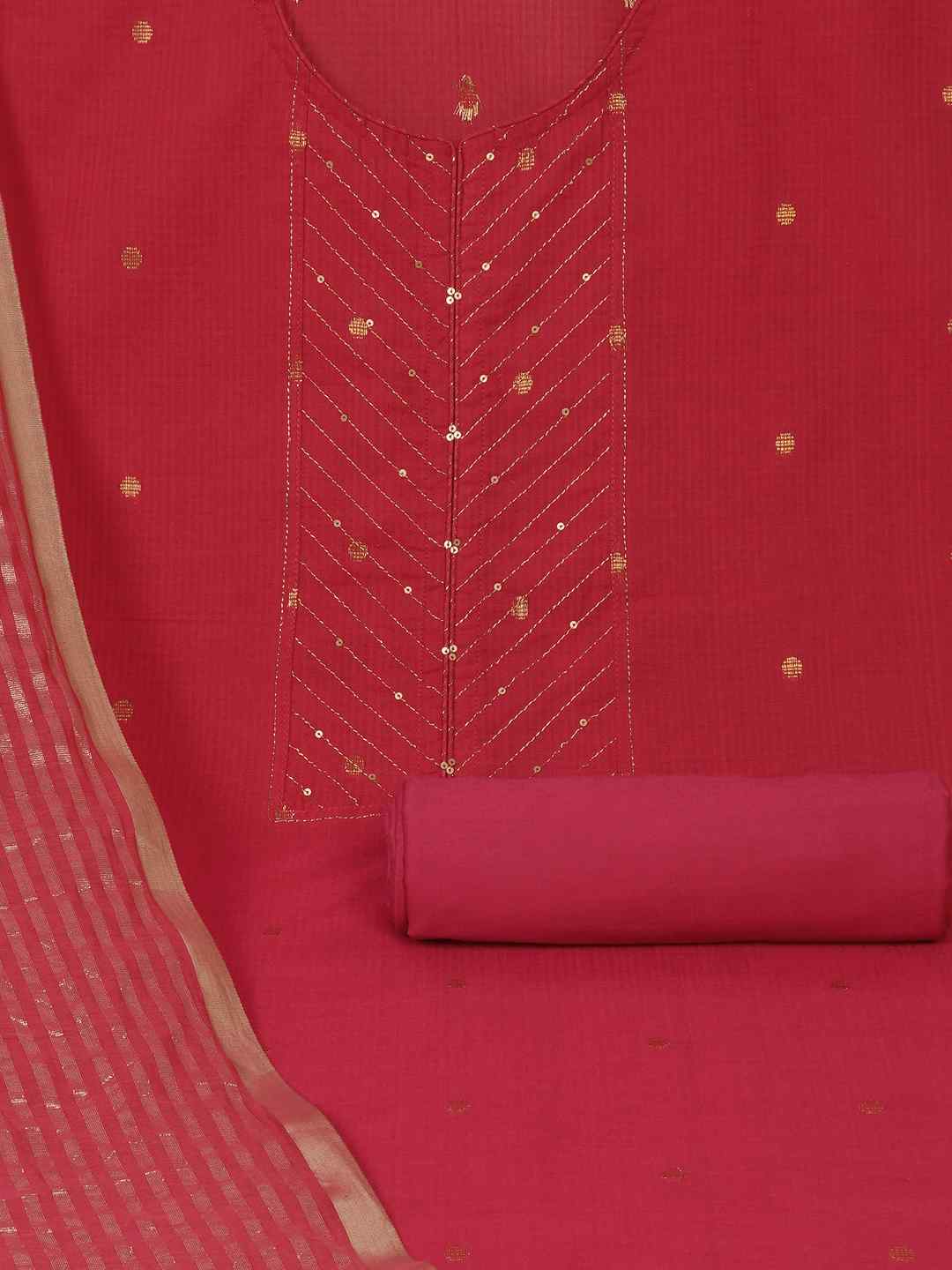 Cotton Dobby Dress Material with delicate zari butti motifs and zari stitch yoke.(Pink)