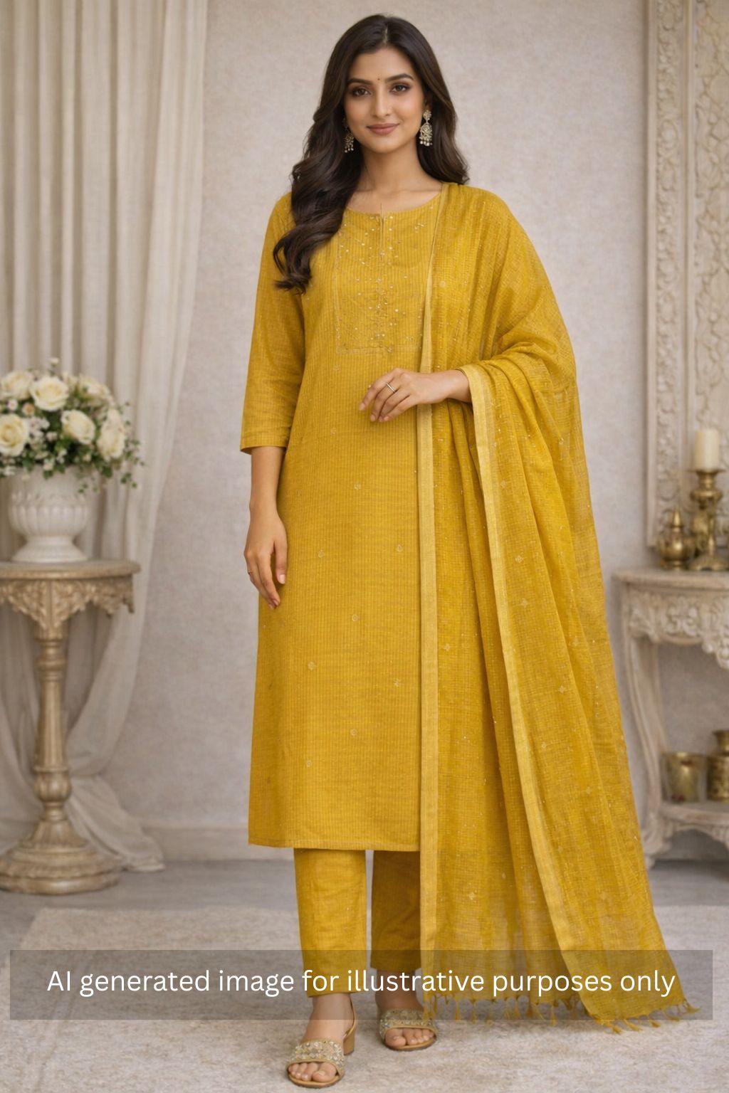 Cotton Dobby Dress Material with delicate zari butti motifs and zari stitch yoke.(Mustard)