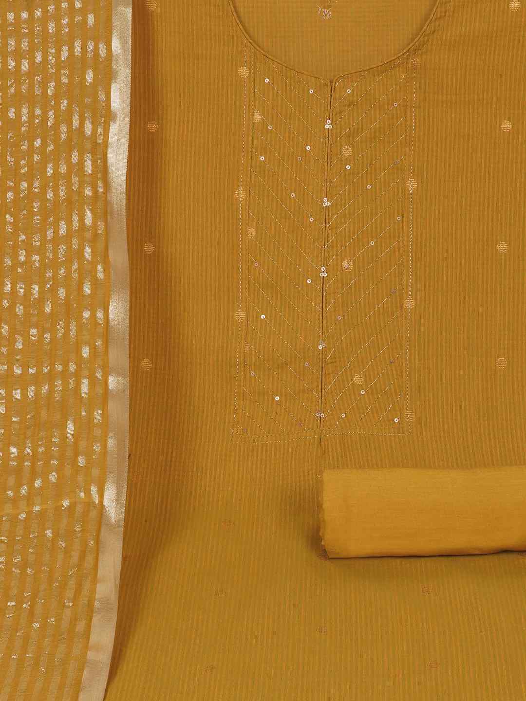 Cotton Dobby Dress Material with delicate zari butti motifs and zari stitch yoke.(Mustard)