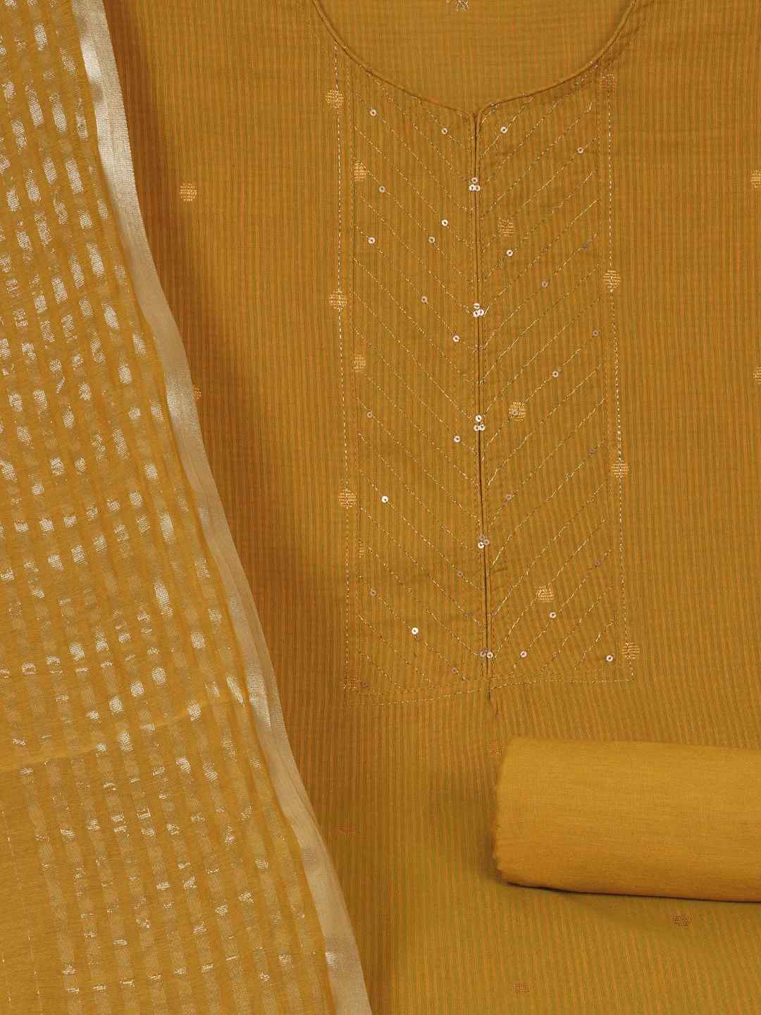 Cotton Dobby Dress Material with delicate zari butti motifs and zari stitch yoke.(Mustard)