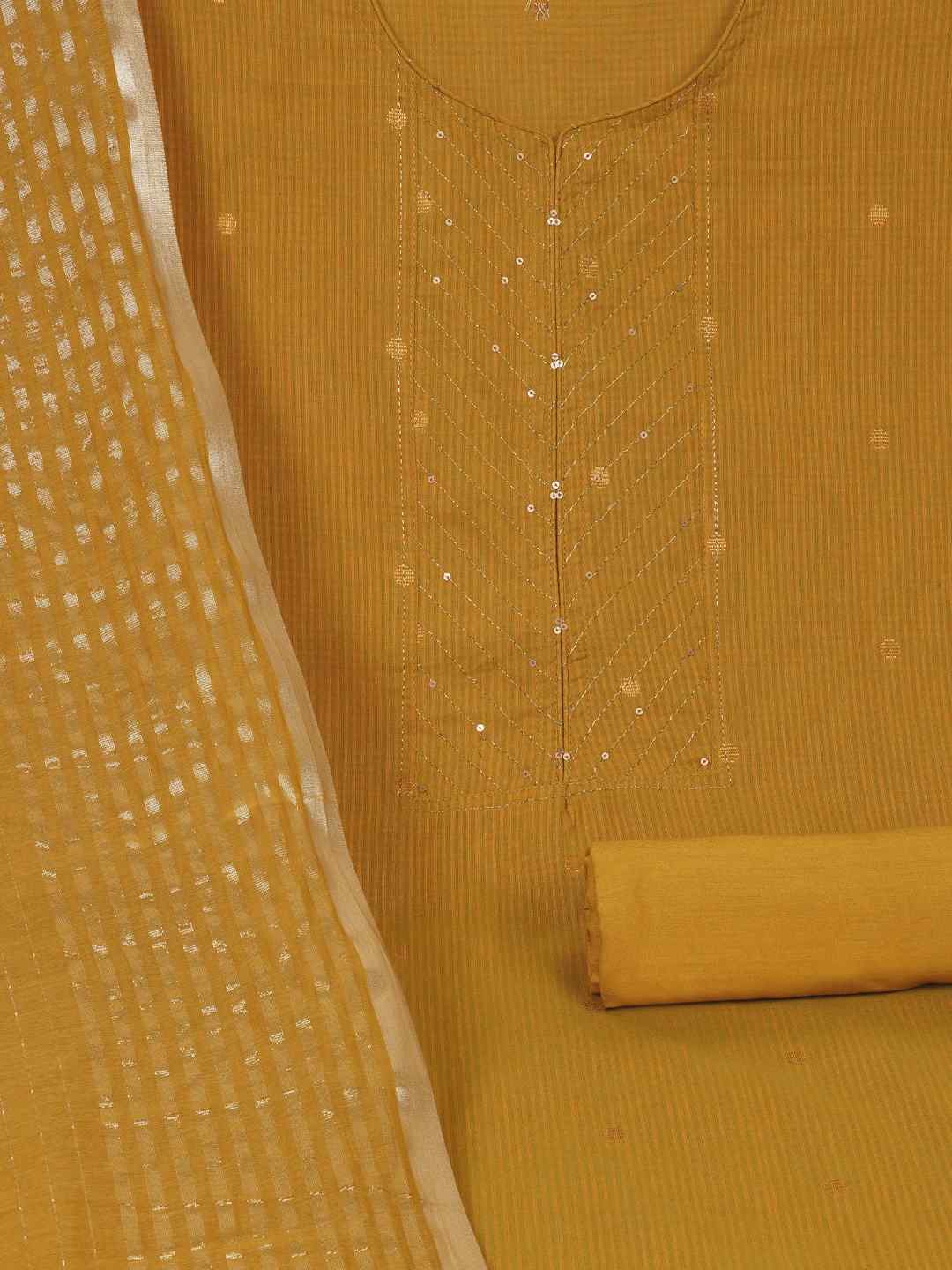 Cotton Dobby Dress Material with delicate zari butti motifs and zari stitch yoke.(Mustard)