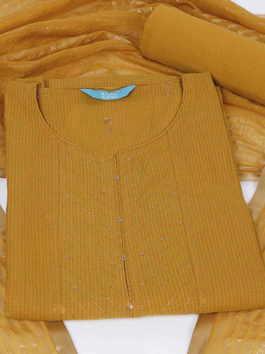 Cotton Dobby Dress Material with delicate zari butti motifs and zari stitch yoke.(Mustard)