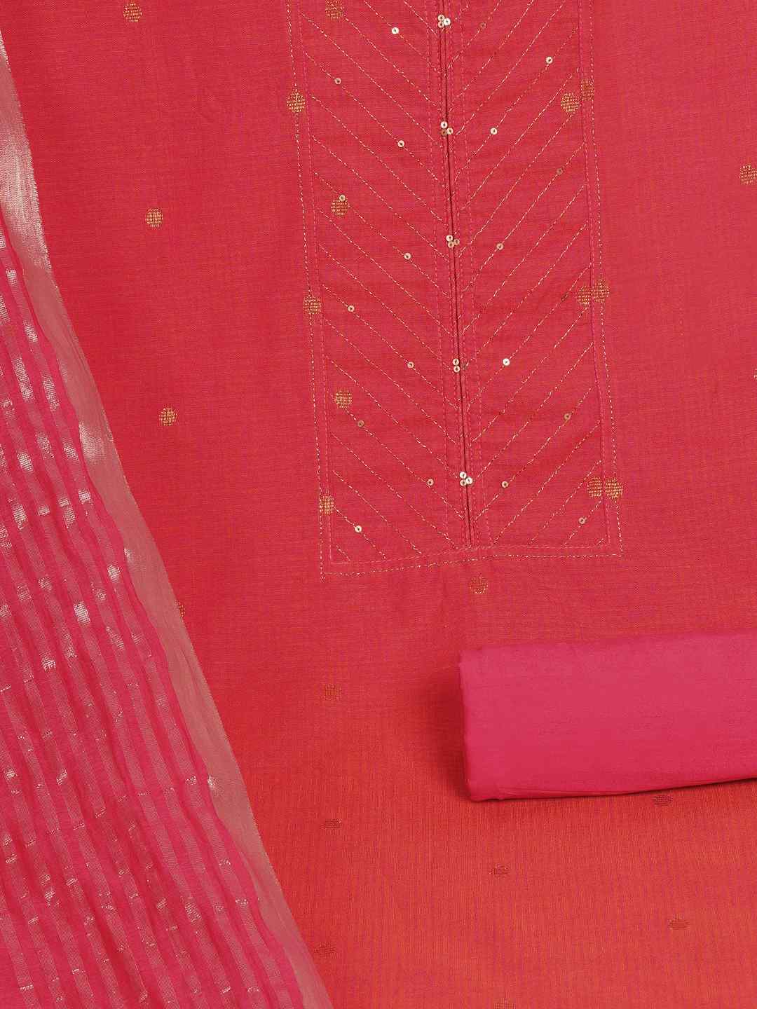 Cotton Dobby Dress Material with delicate zari butti motifs and zari stitch yoke.(Peach)