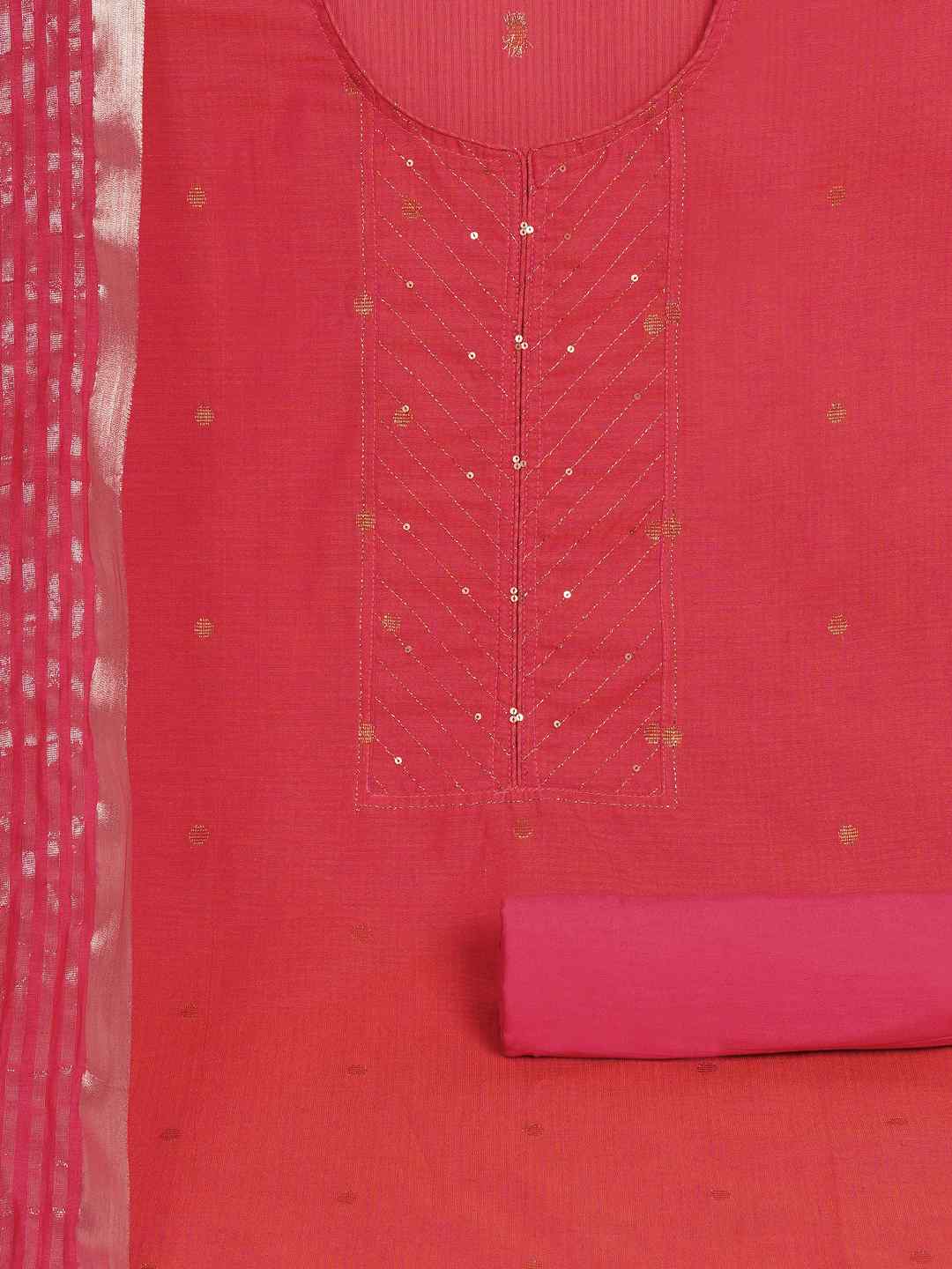 Cotton Dobby Dress Material with delicate zari butti motifs and zari stitch yoke.(Peach)