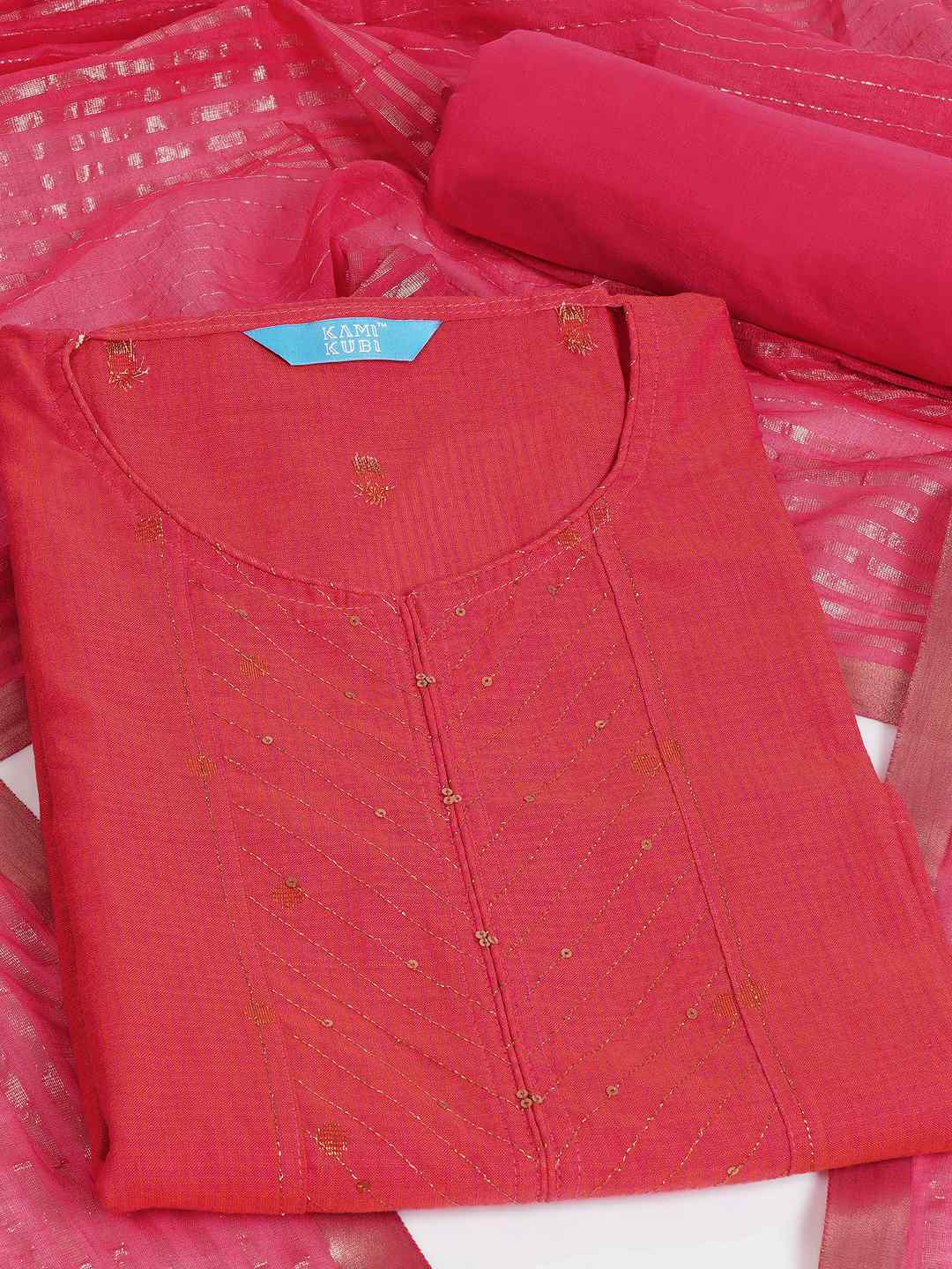 Cotton Dobby Dress Material with delicate zari butti motifs and zari stitch yoke.(Peach)