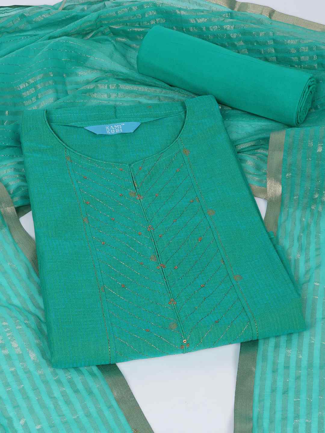 Cotton Dobby Dress Material with delicate zari butti motifs and zari stitch yoke.(Blue)