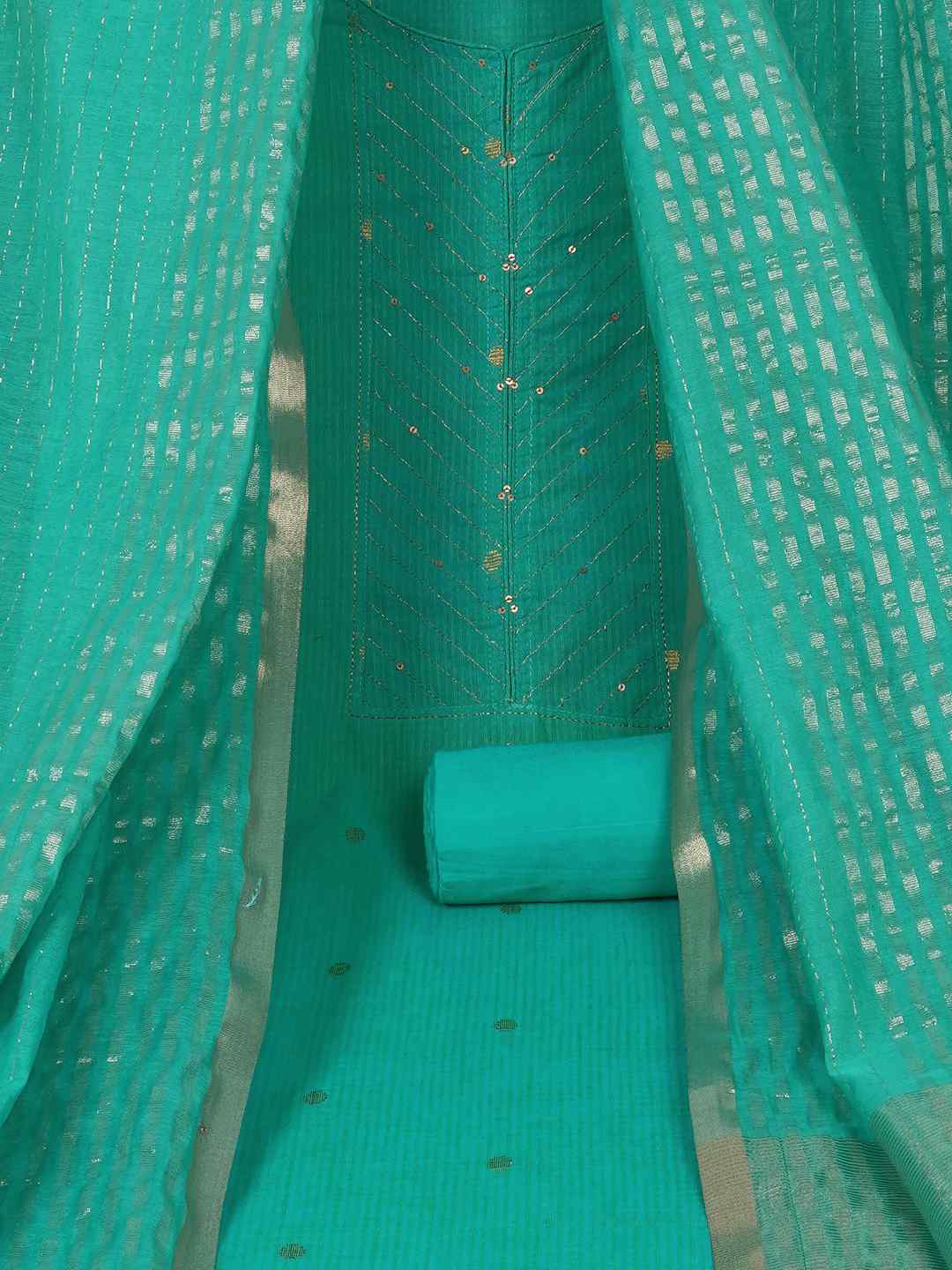 Cotton Dobby Dress Material with delicate zari butti motifs and zari stitch yoke.(Blue)