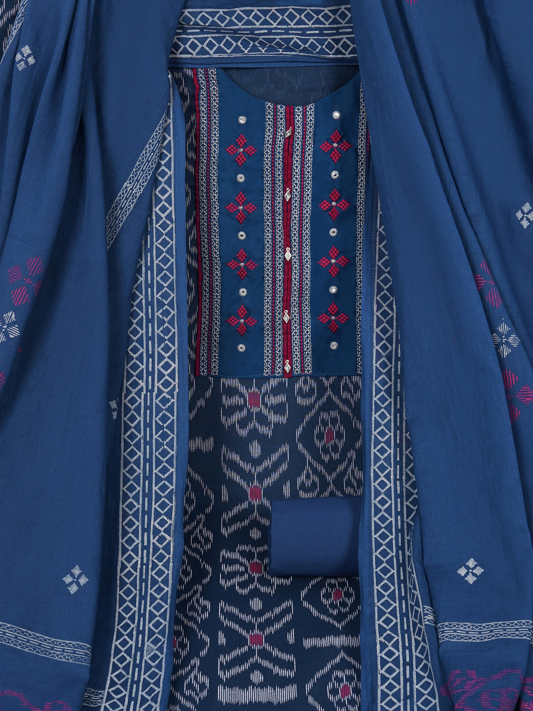 Cotton Ikat embroidered suit set with plain bottom and printed dupatta.