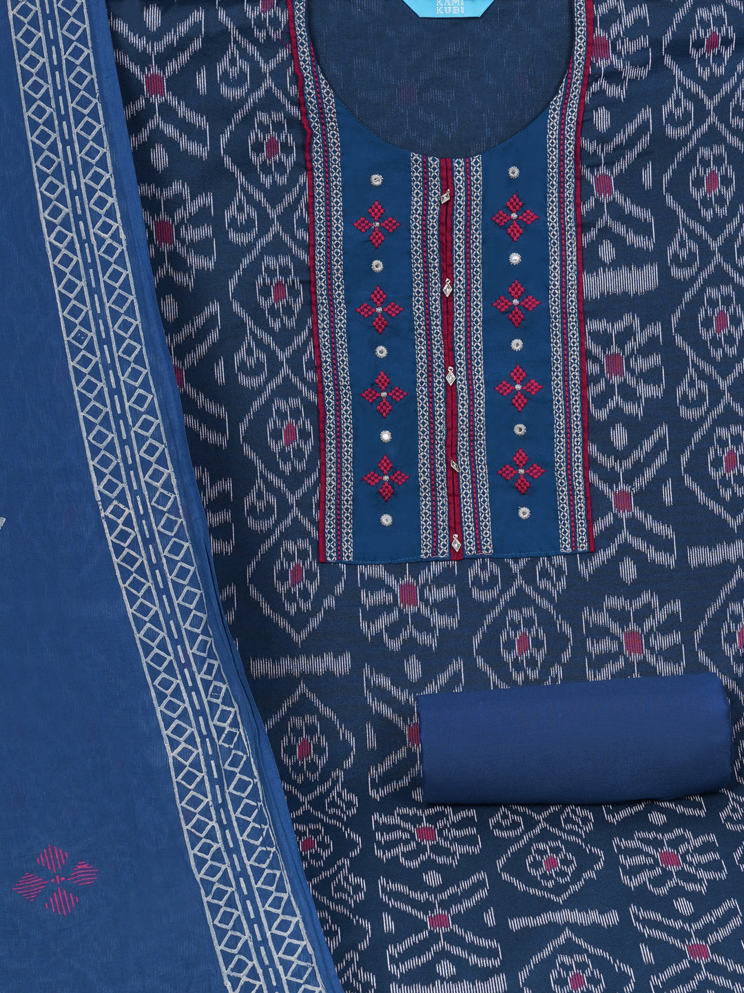 Cotton Ikat embroidered suit set with plain bottom and printed dupatta.