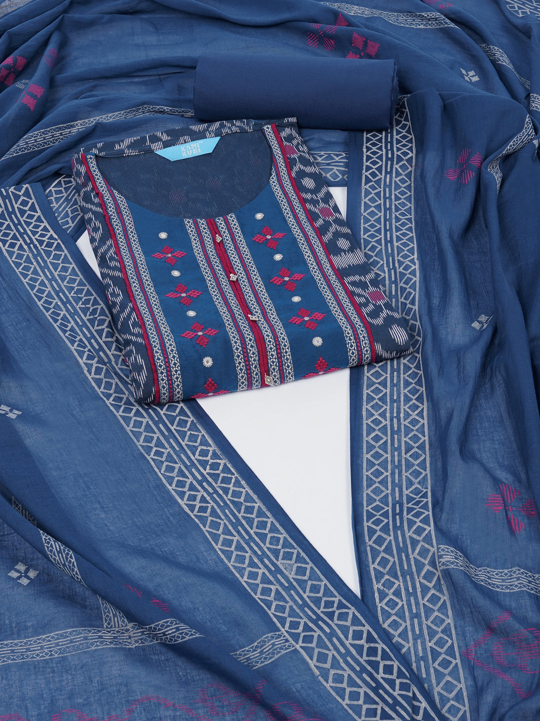 Cotton Ikat embroidered suit set with plain bottom and printed dupatta.