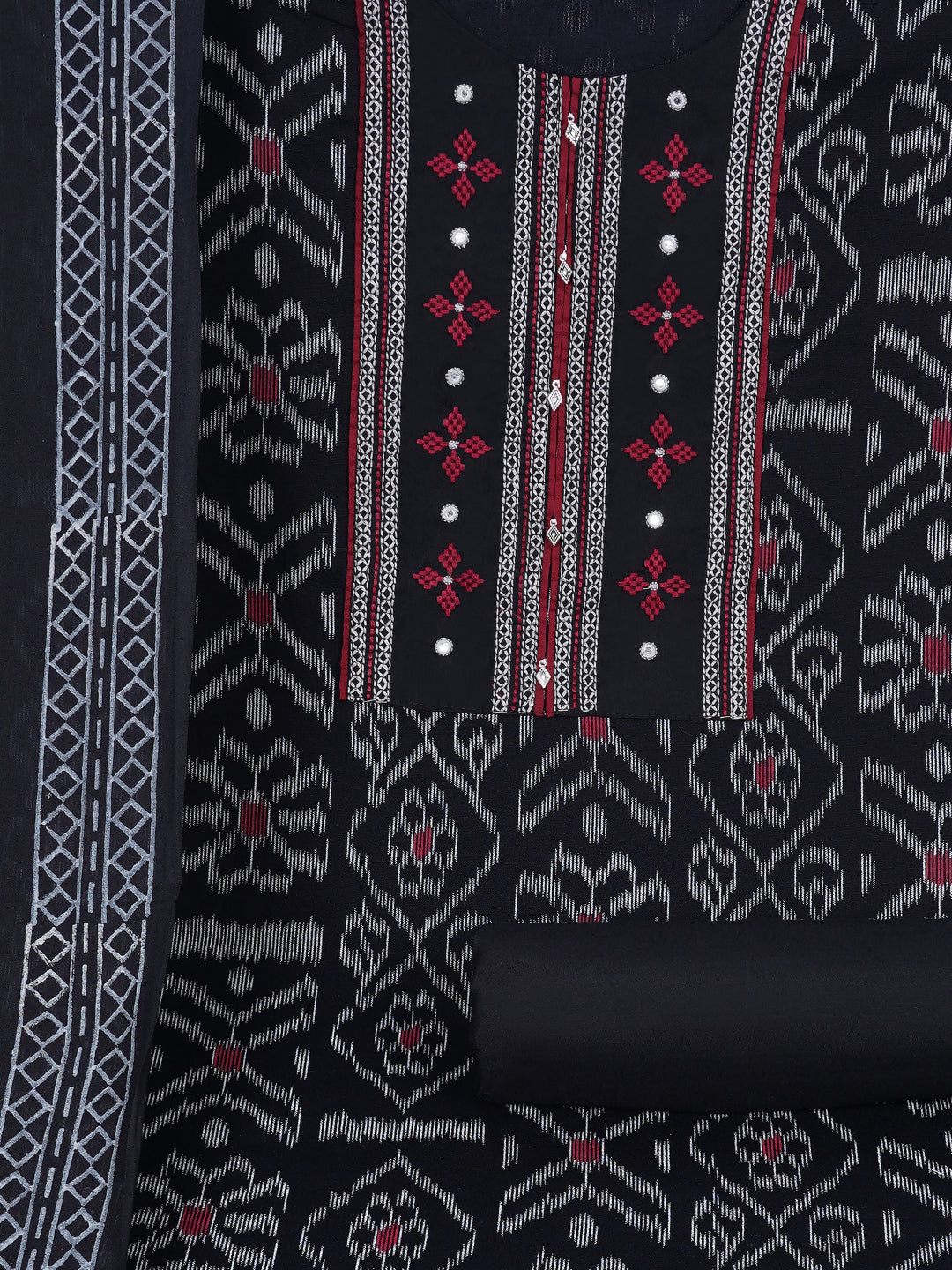 Cotton Ikat embroidered suit set with plain bottom and printed dupatta.