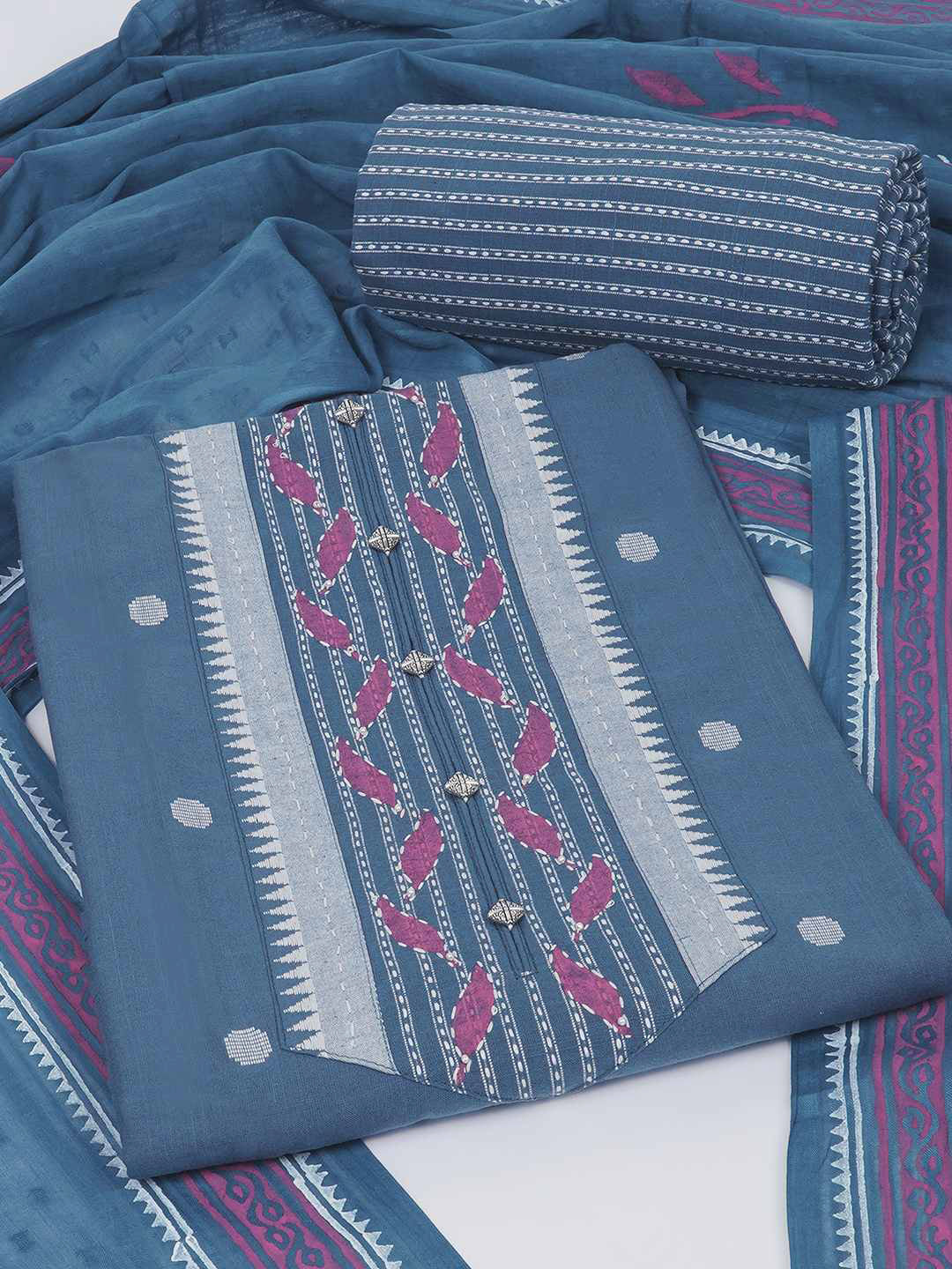3-piece unstitched set featuring a dobby butti top with hand-done detailing and artisanal block prints.(Blue)