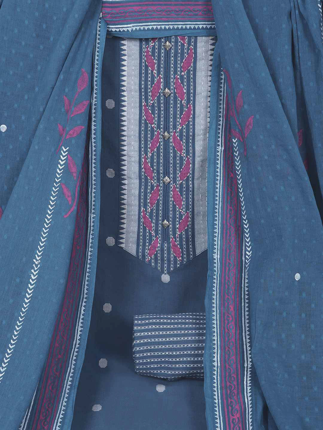 3-piece unstitched set featuring a dobby butti top with hand-done detailing and artisanal block prints.(Blue)