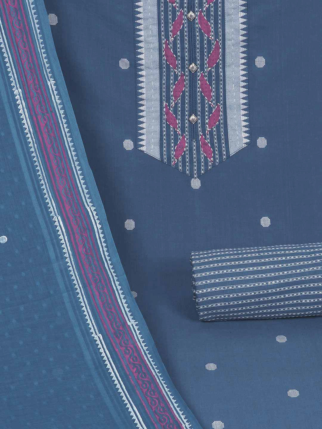 3-piece unstitched set featuring a dobby butti top with hand-done detailing and artisanal block prints.(Blue)