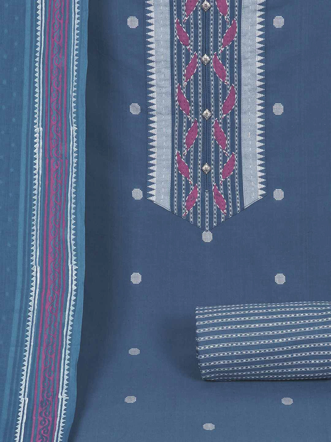 3-piece unstitched set featuring a dobby butti top with hand-done detailing and artisanal block prints.(Blue)