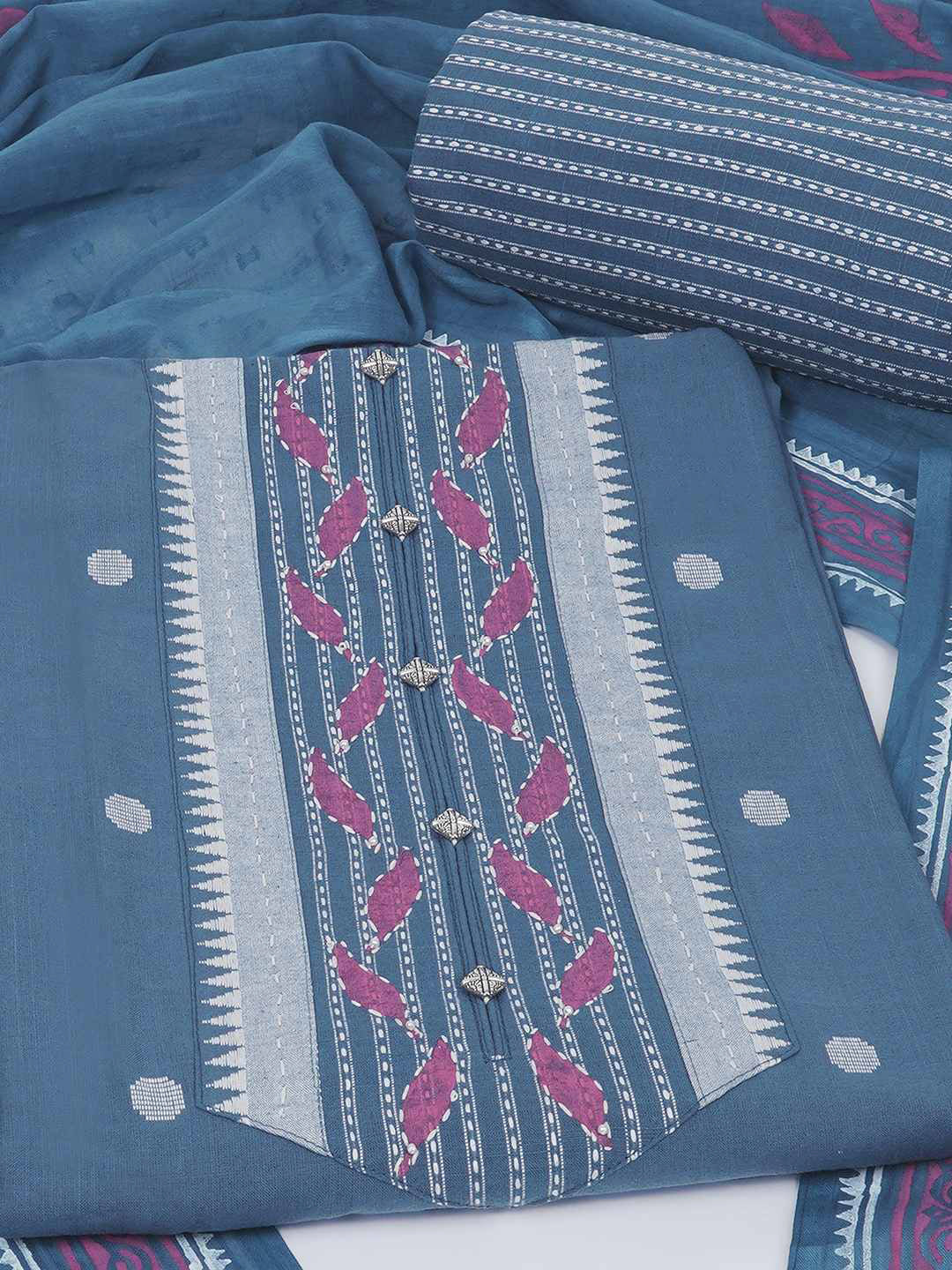 3-piece unstitched set featuring a dobby butti top with hand-done detailing and artisanal block prints.(Blue)