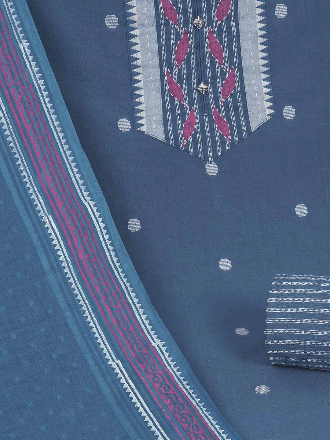 3-piece unstitched set featuring a dobby butti top with hand-done detailing and artisanal block prints.(Blue)