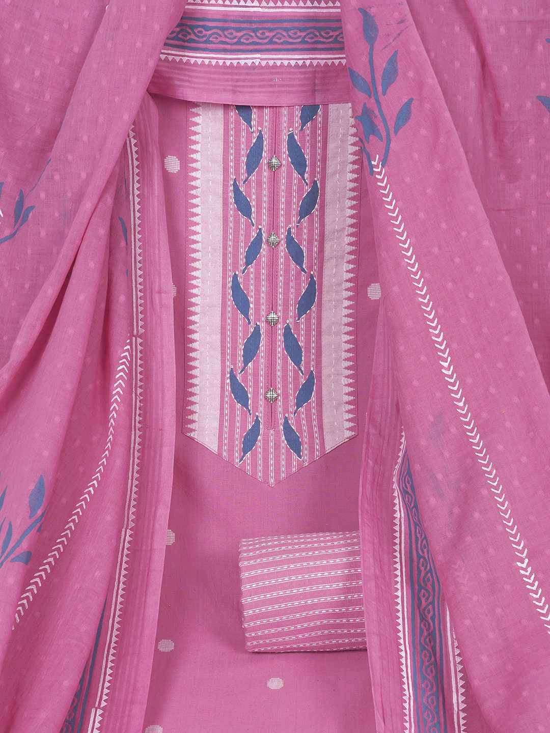 3-piece unstitched set featuring a dobby butti top with hand-done detailing and artisanal block prints.(Pink)