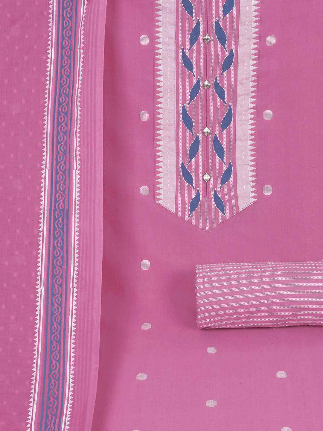 3-piece unstitched set featuring a dobby butti top with hand-done detailing and artisanal block prints.(Pink)
