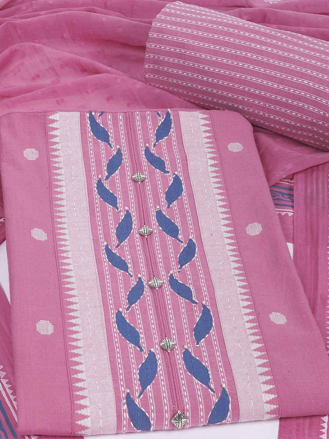 3-piece unstitched set featuring a dobby butti top with hand-done detailing and artisanal block prints.(Pink)