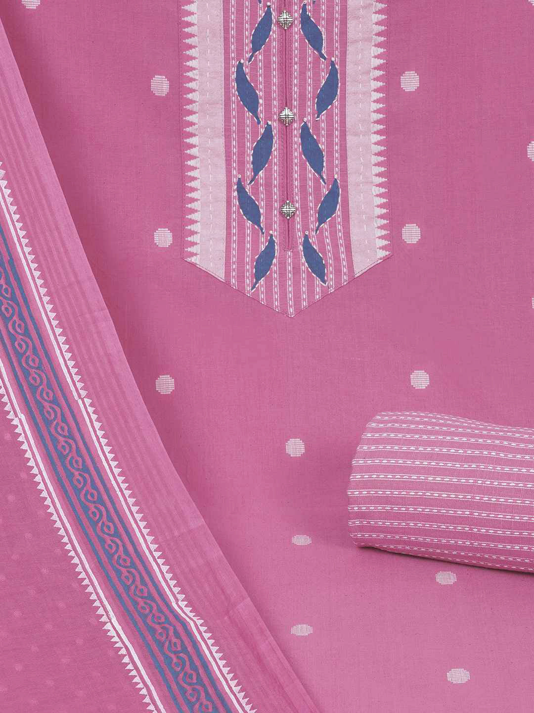 3-piece unstitched set featuring a dobby butti top with hand-done detailing and artisanal block prints.(Pink)