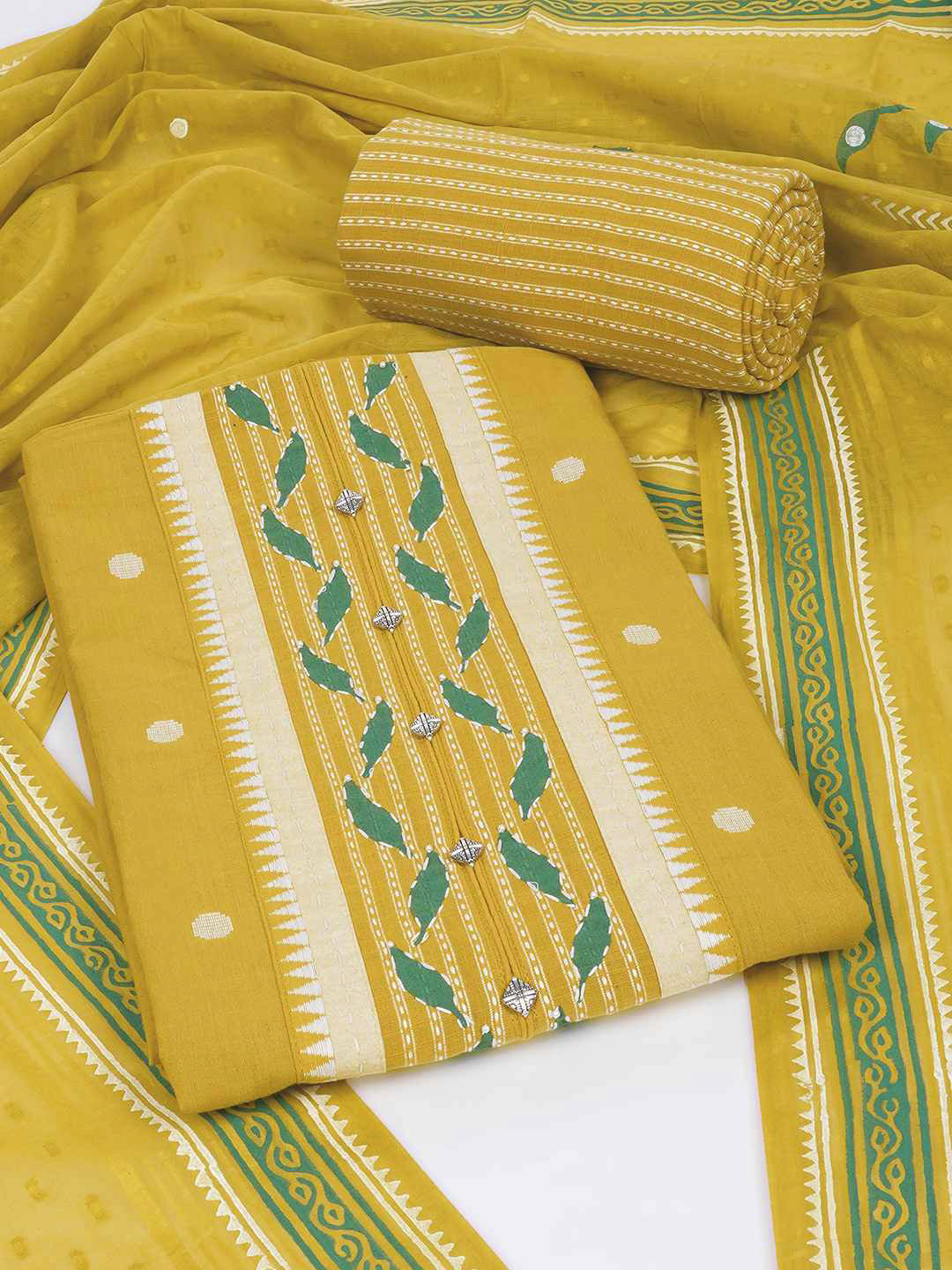 3-piece unstitched set featuring a dobby butti top with hand-done detailing and artisanal block prints.(Yellow)