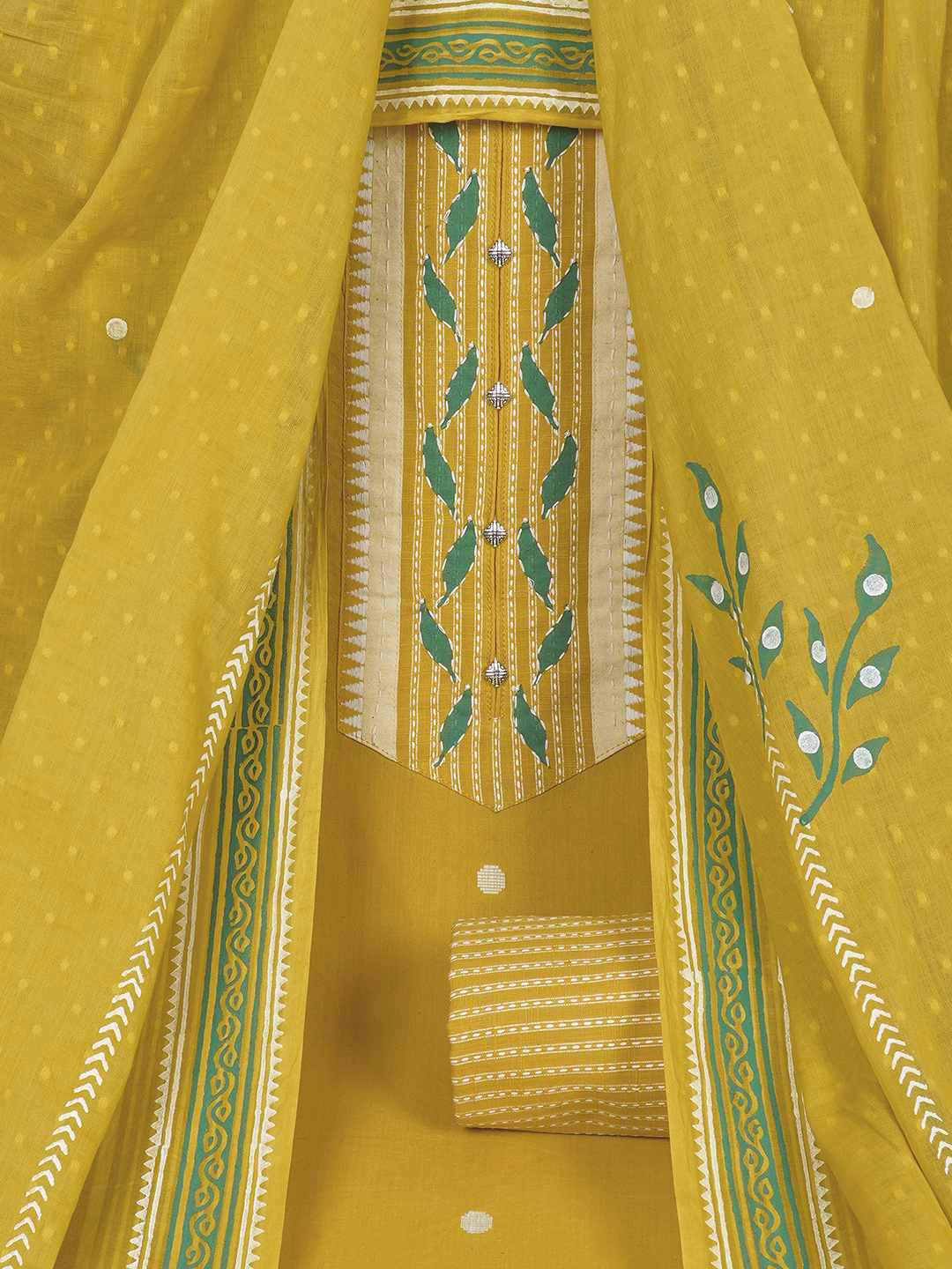 3-piece unstitched set featuring a dobby butti top with hand-done detailing and artisanal block prints.(Yellow)