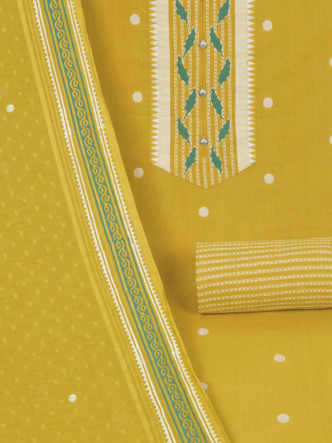 3-piece unstitched set featuring a dobby butti top with hand-done detailing and artisanal block prints.(Yellow)