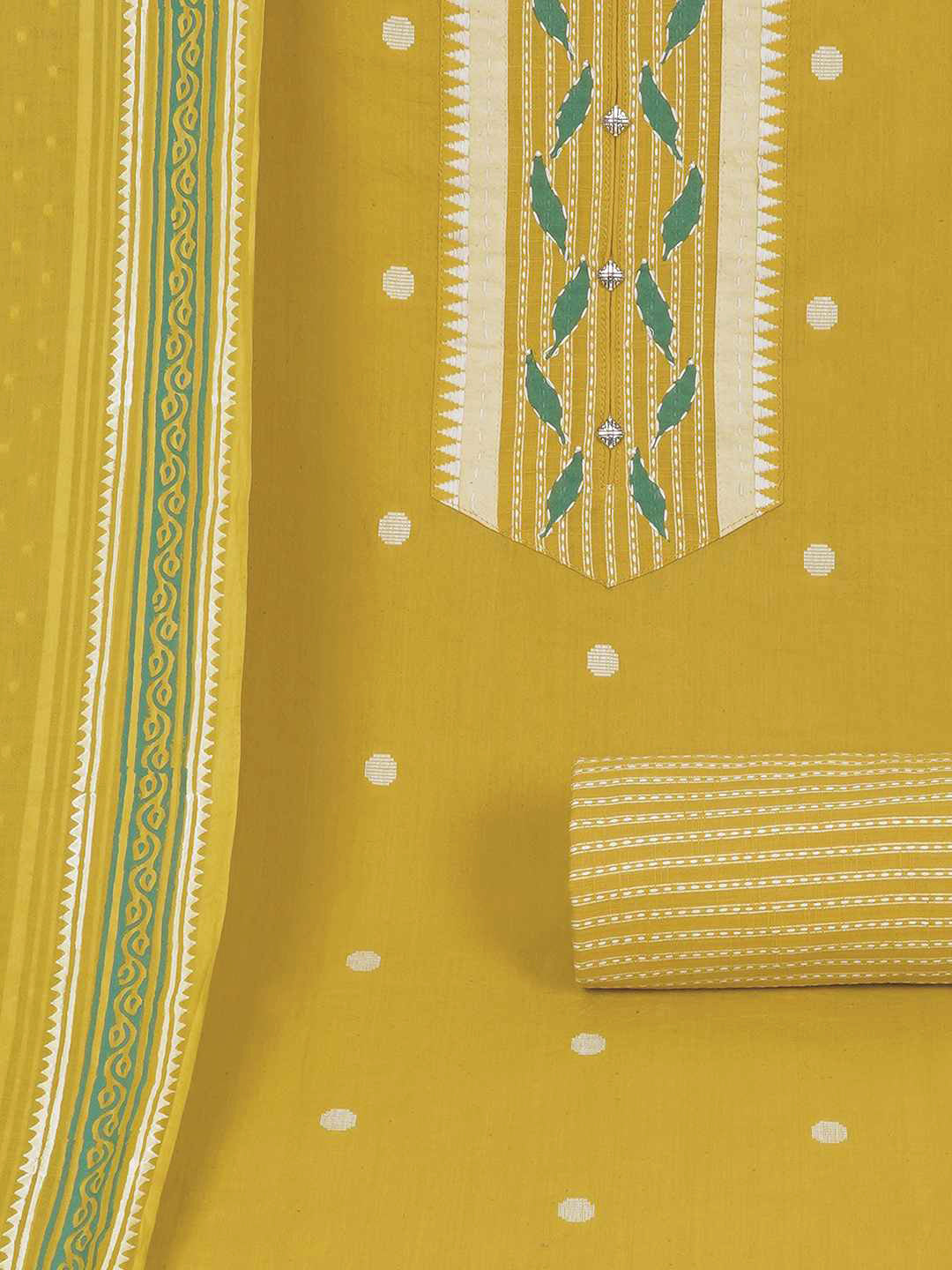 3-piece unstitched set featuring a dobby butti top with hand-done detailing and artisanal block prints.(Yellow)