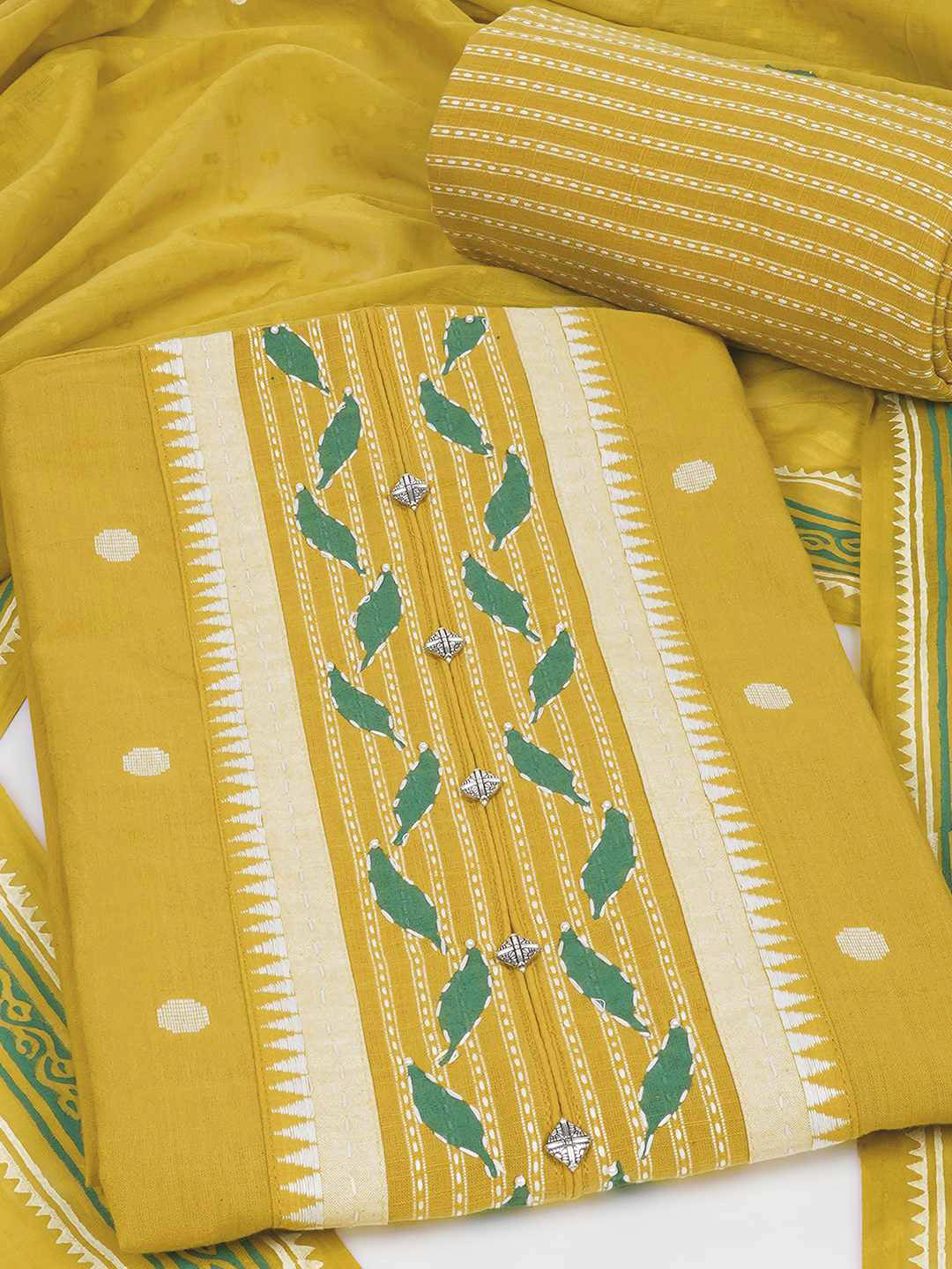 3-piece unstitched set featuring a dobby butti top with hand-done detailing and artisanal block prints.(Yellow)