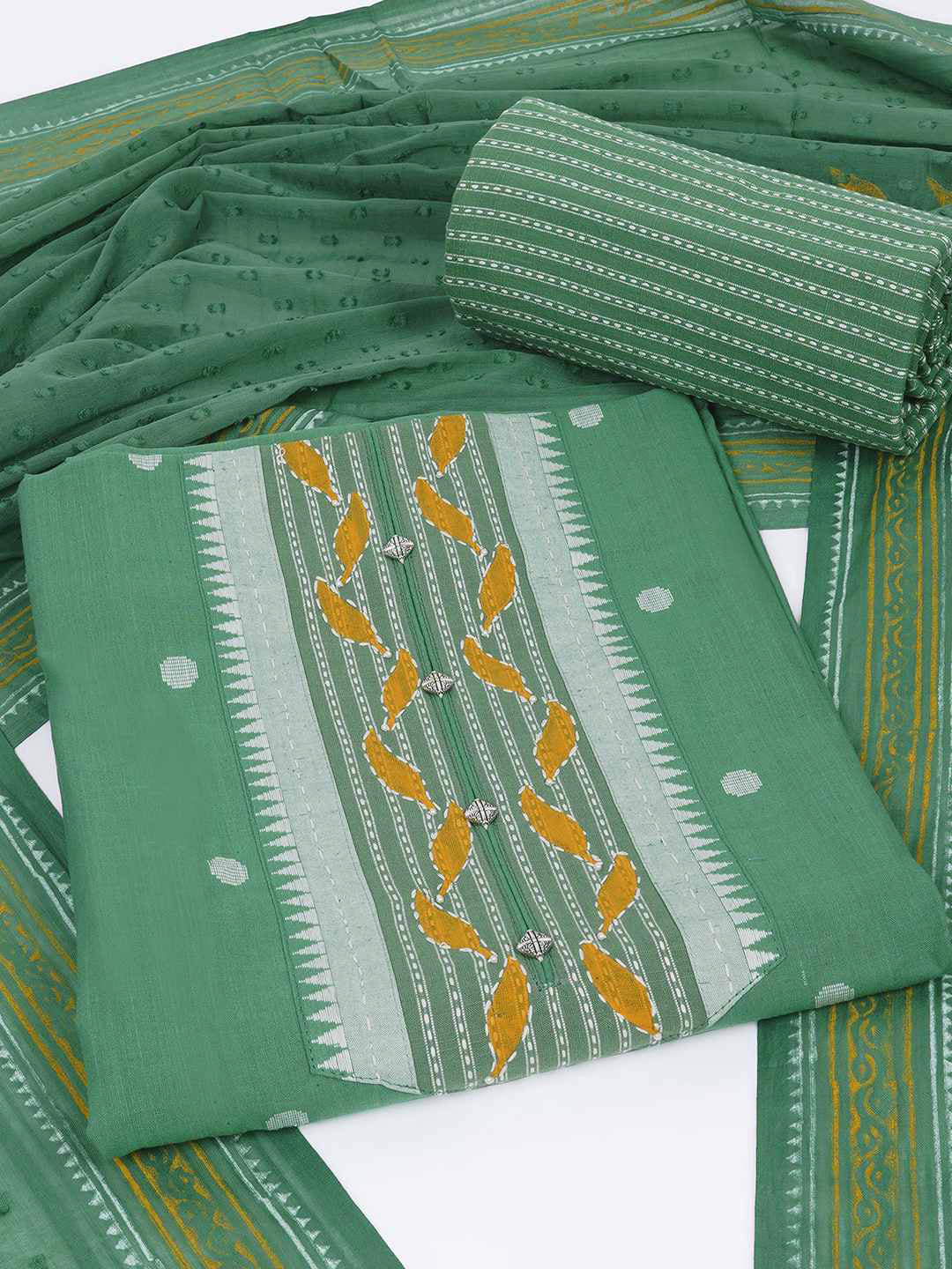 3-piece unstitched set featuring a dobby butti top with hand-done detailing and artisanal block prints.(Green)