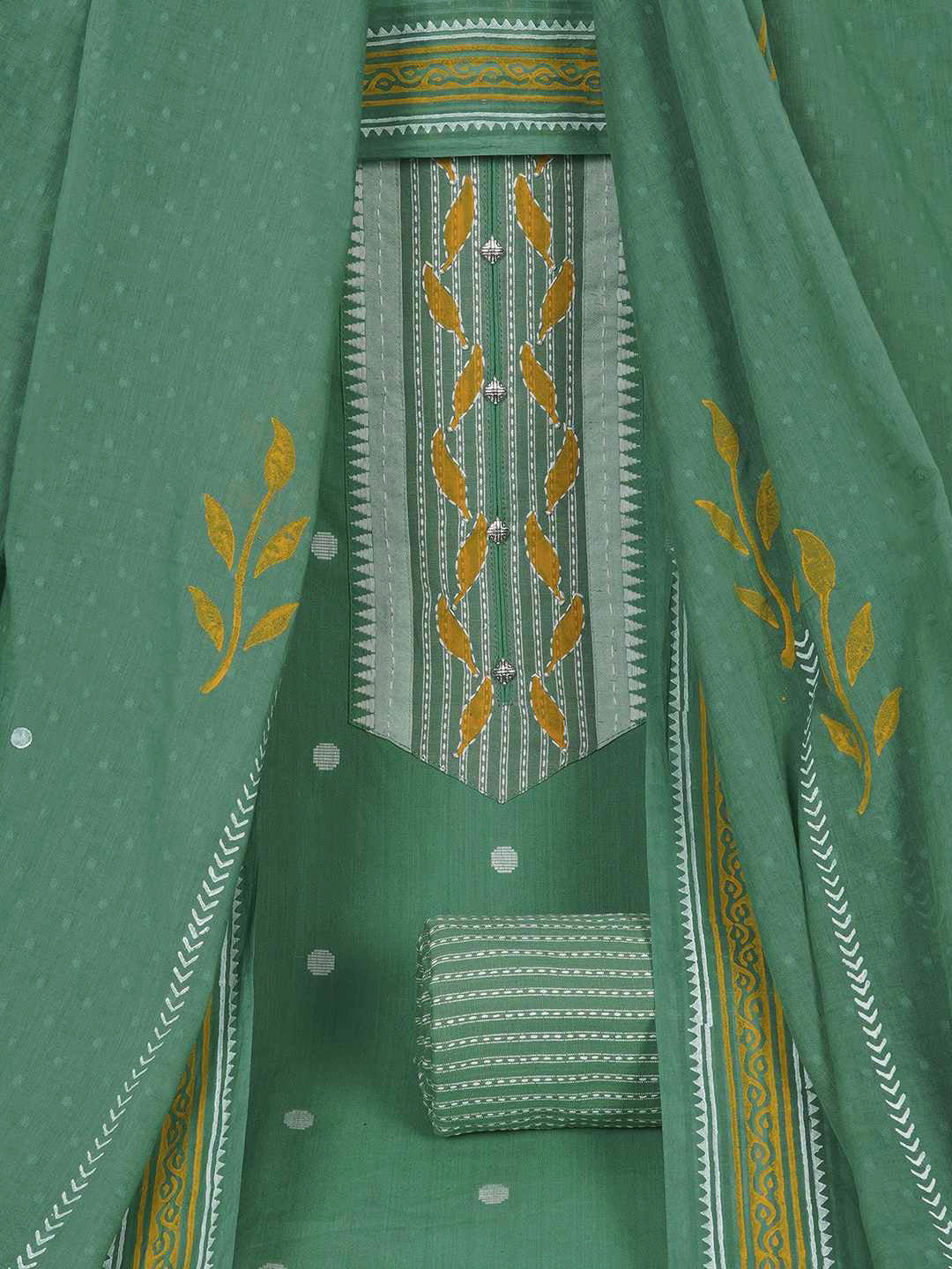 3-piece unstitched set featuring a dobby butti top with hand-done detailing and artisanal block prints.(Green)