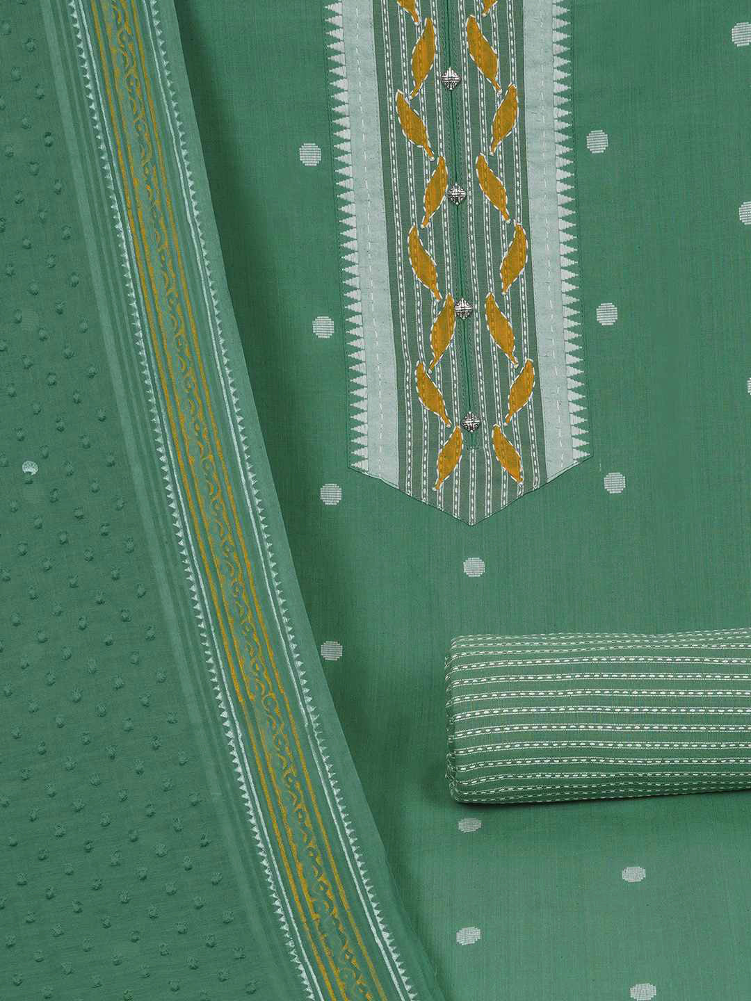3-piece unstitched set featuring a dobby butti top with hand-done detailing and artisanal block prints.(Green)
