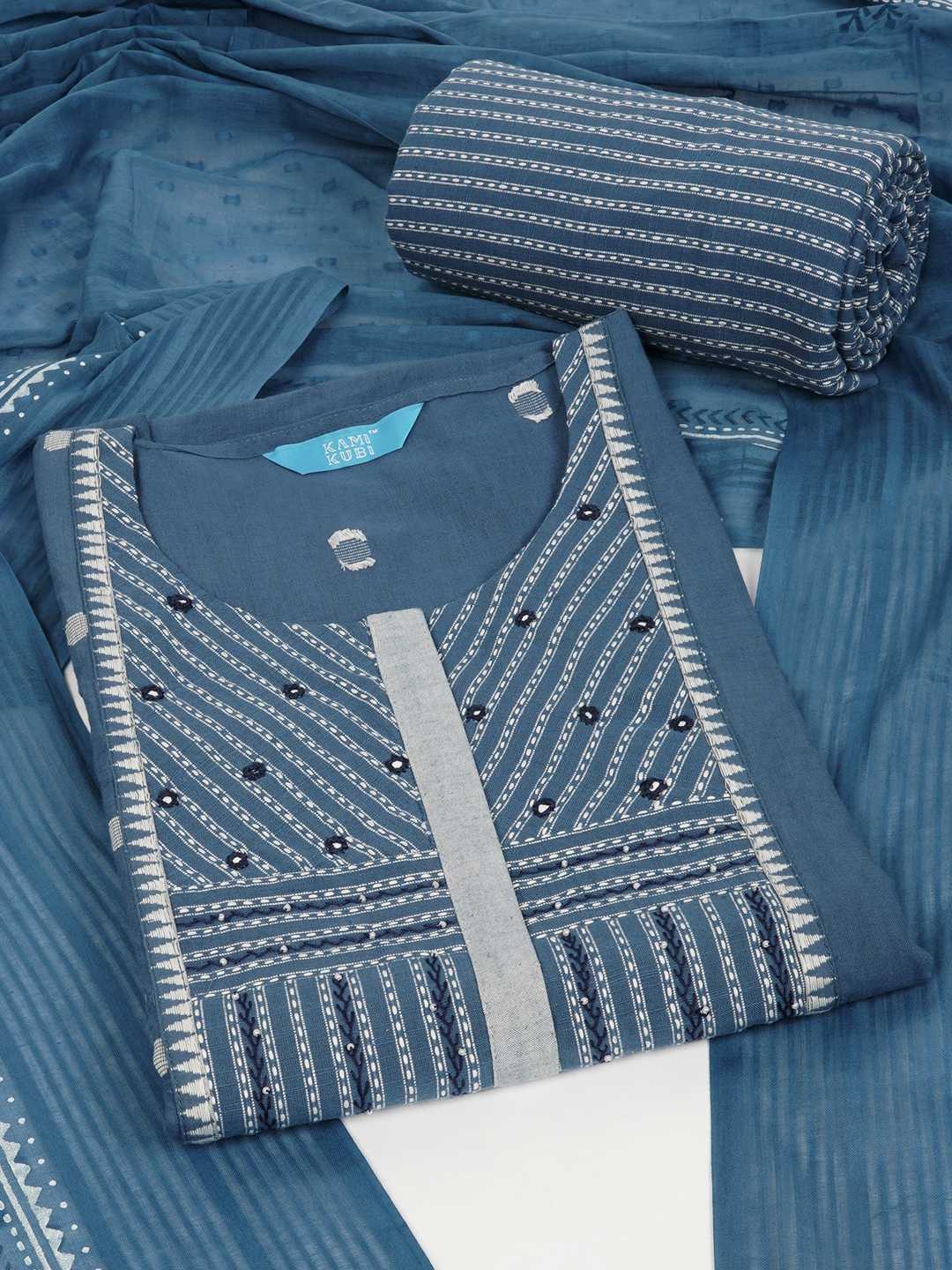 3-piece suit set featuring a dobby butti top with delicate handwork and striped yoke.(Blue)